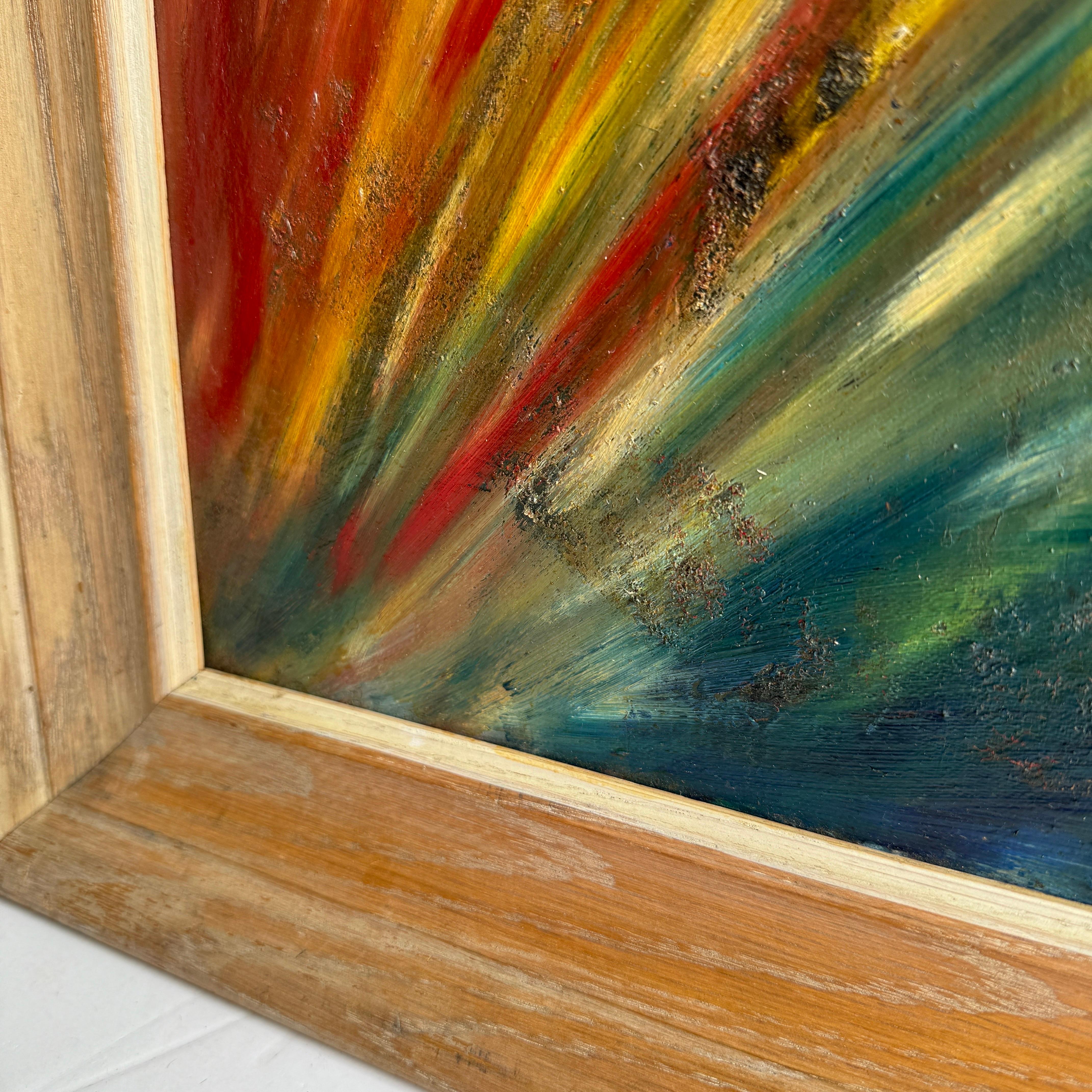 Hand-Painted Mid-Century Colorful Oil on Board Signed 1966 Framed Artwork For Sale