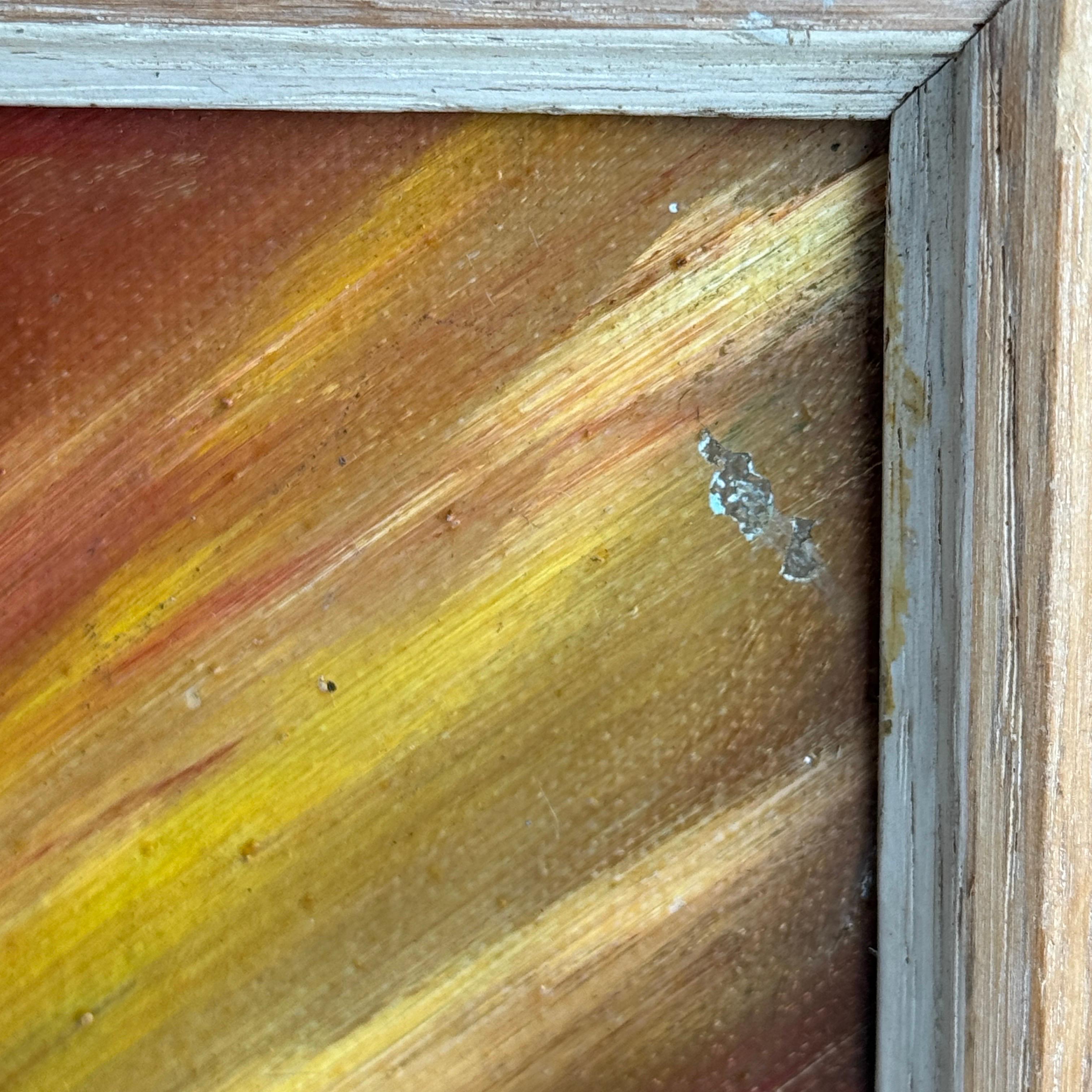 Buntes Ölgemälde auf Karton, signiertes Kunstwerk, Mid-Century (Holz) im Angebot