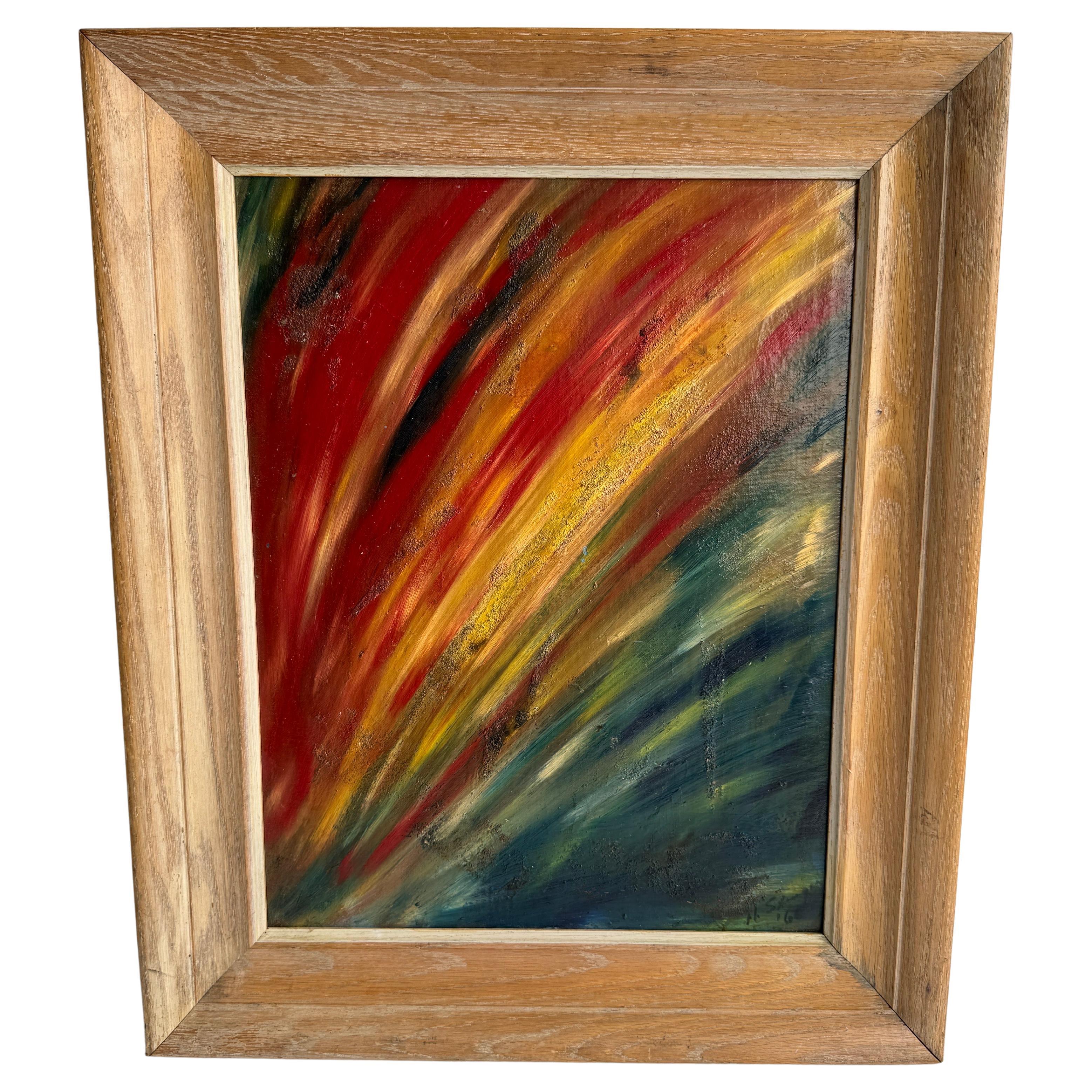 Mid-Century Colorful Oil on Board Signed 1966 Framed Artwork For Sale