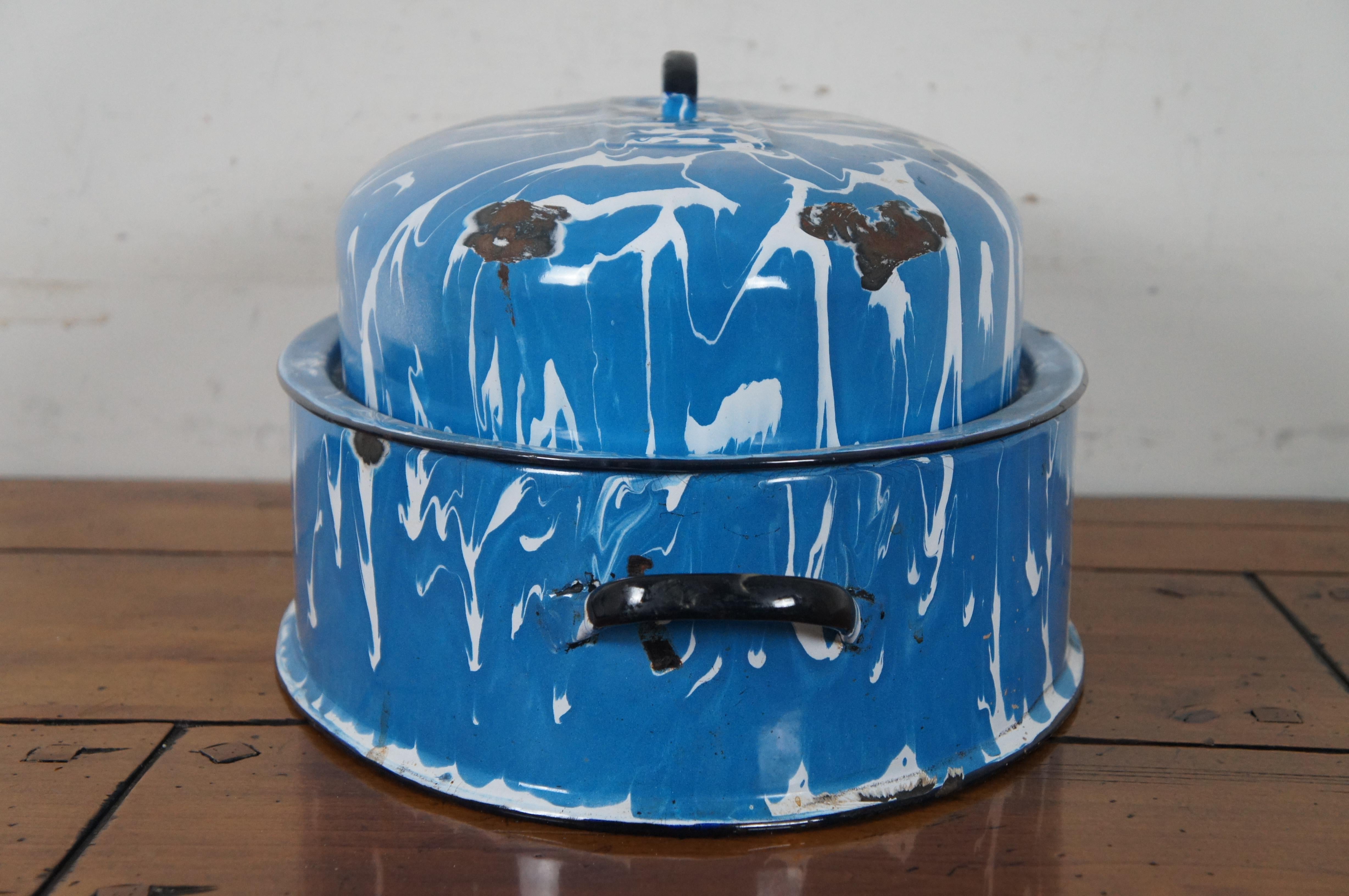 vintage blue enamel roasting pan with lid