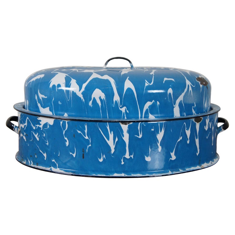 Mid Century Columbian Blue and White Marbled Granite Enamel Roasting