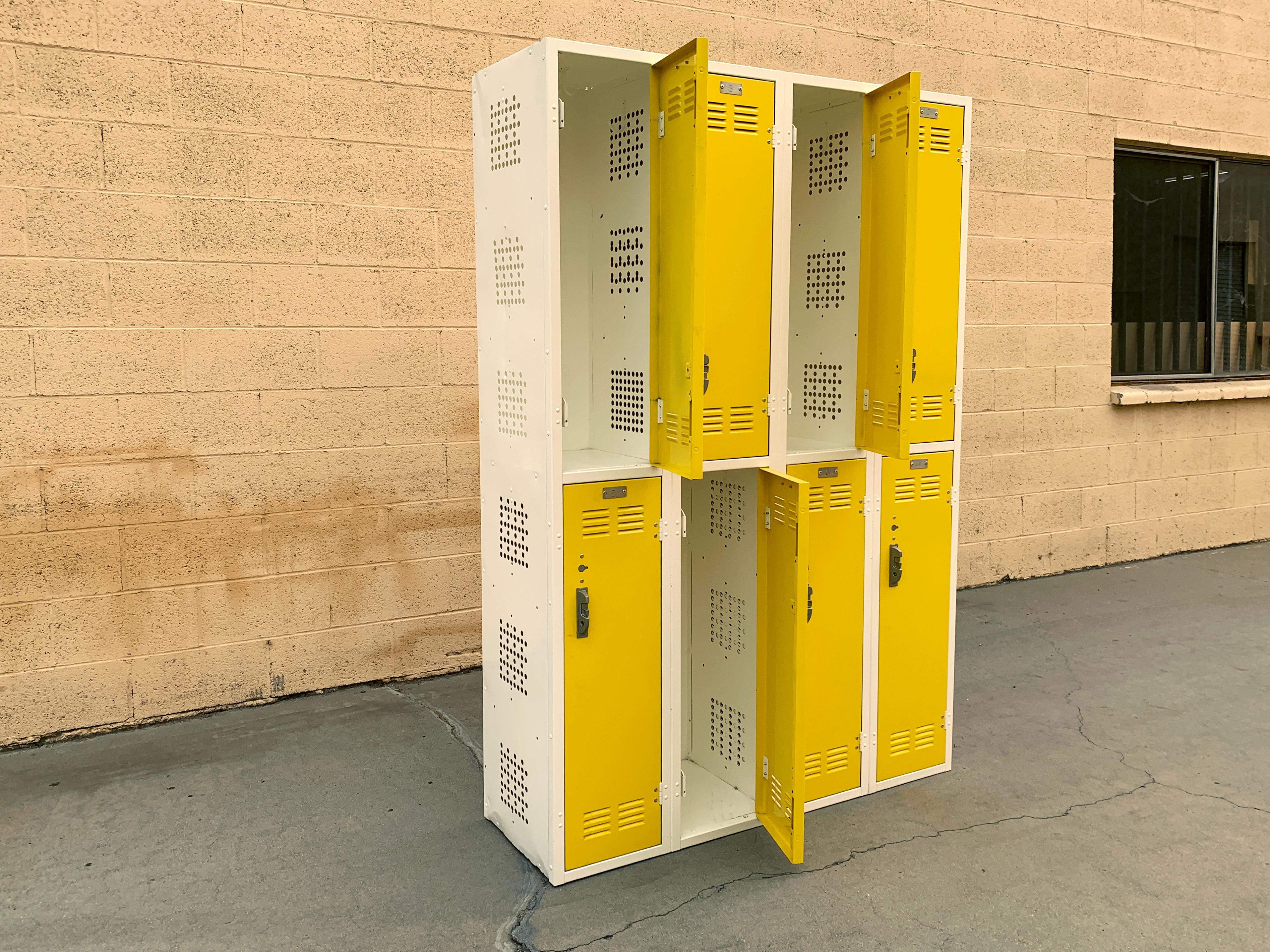 Midcentury 2-tier x 4 column locker unit newly refinished in two-tone mellow yellow (YL 01) and gloss white. Classic WORLEY brand with original lock hardware. It's the ultimate retro storage solution ;)

Unit is in great refinished vintage