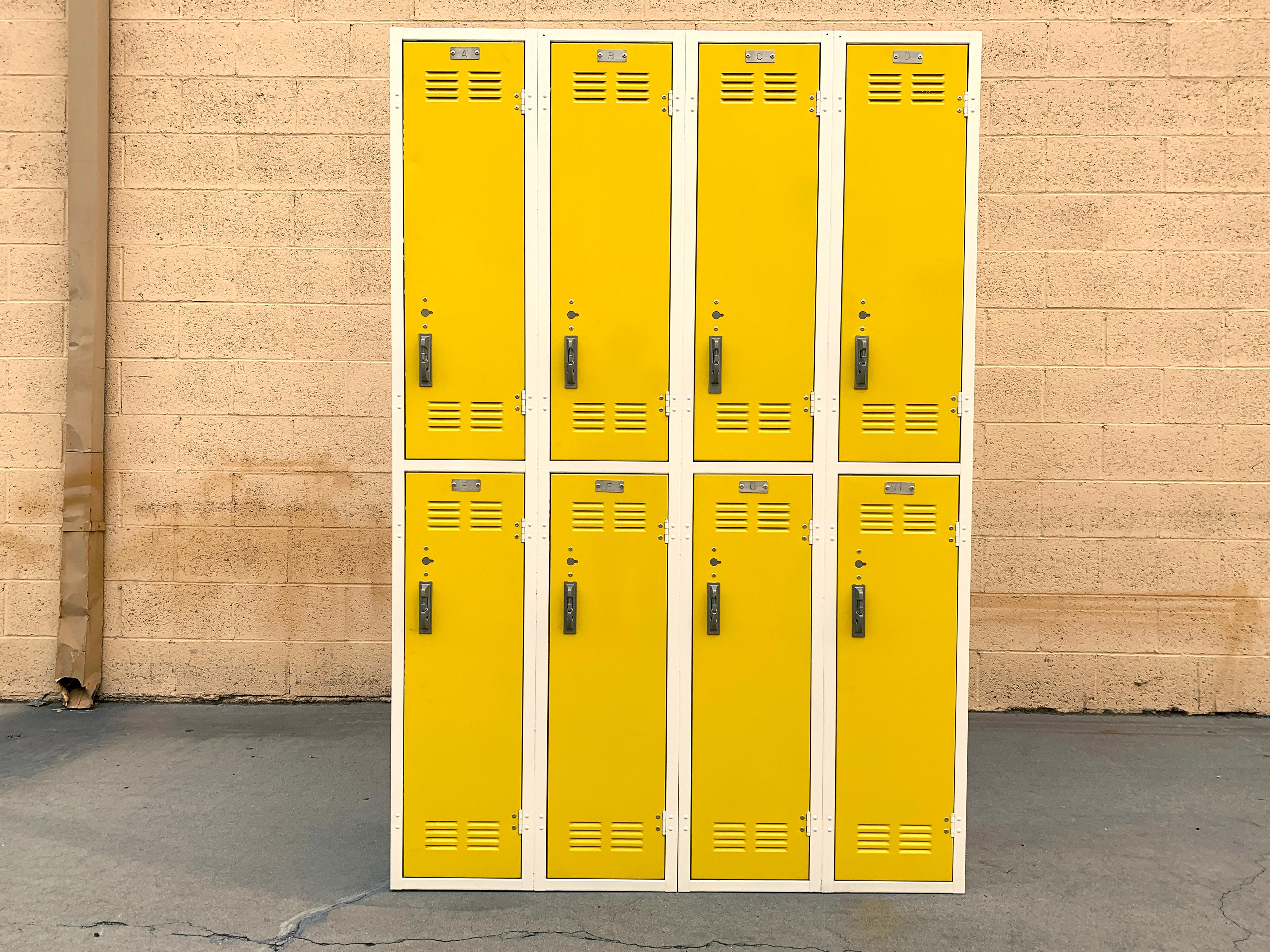 Powder-Coated Midcentury Column Locker Unit Refinished in Yellow and White For Sale