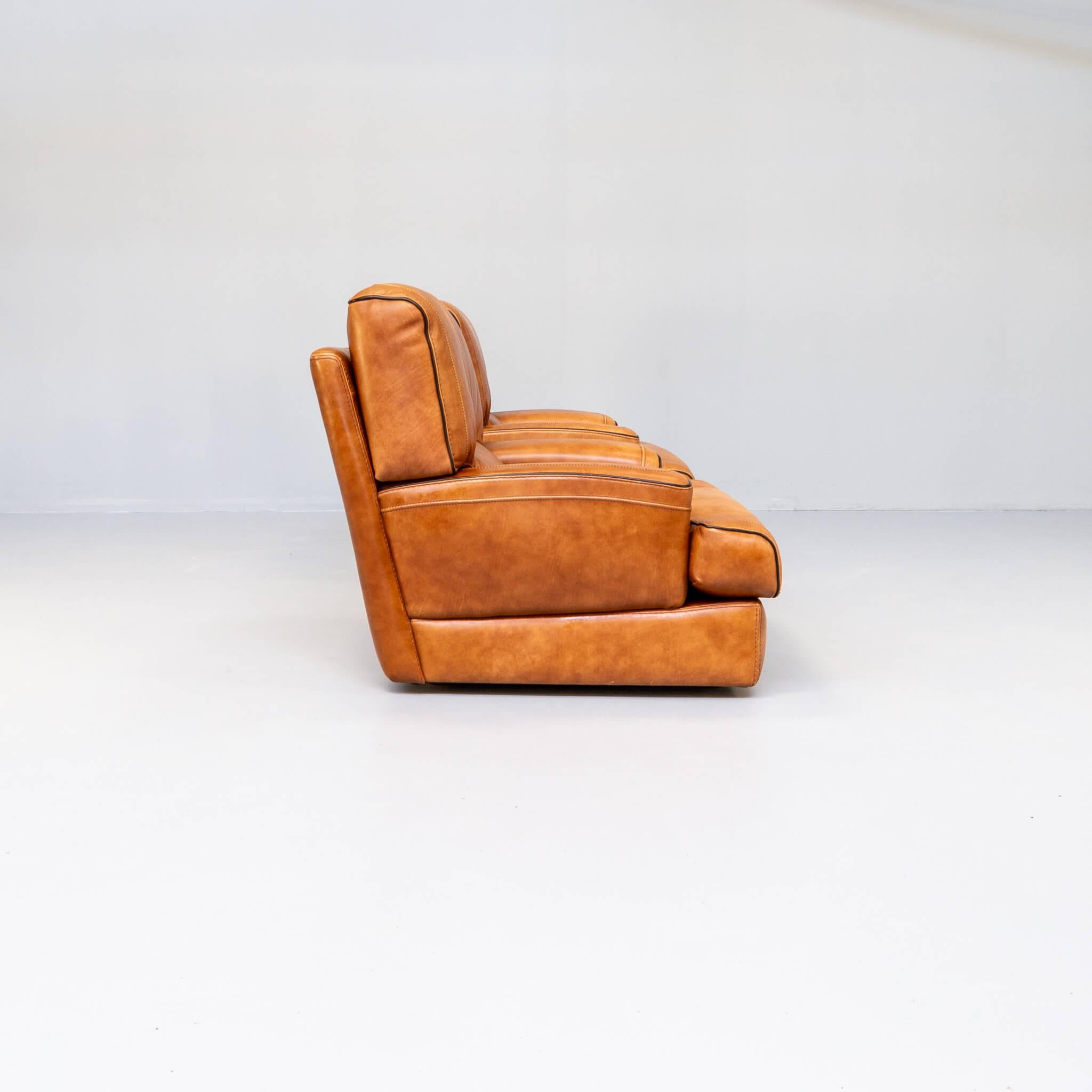 Leather Mid-Century Comfort Lounge Fauteuil Attr Roche Bobois Set/2