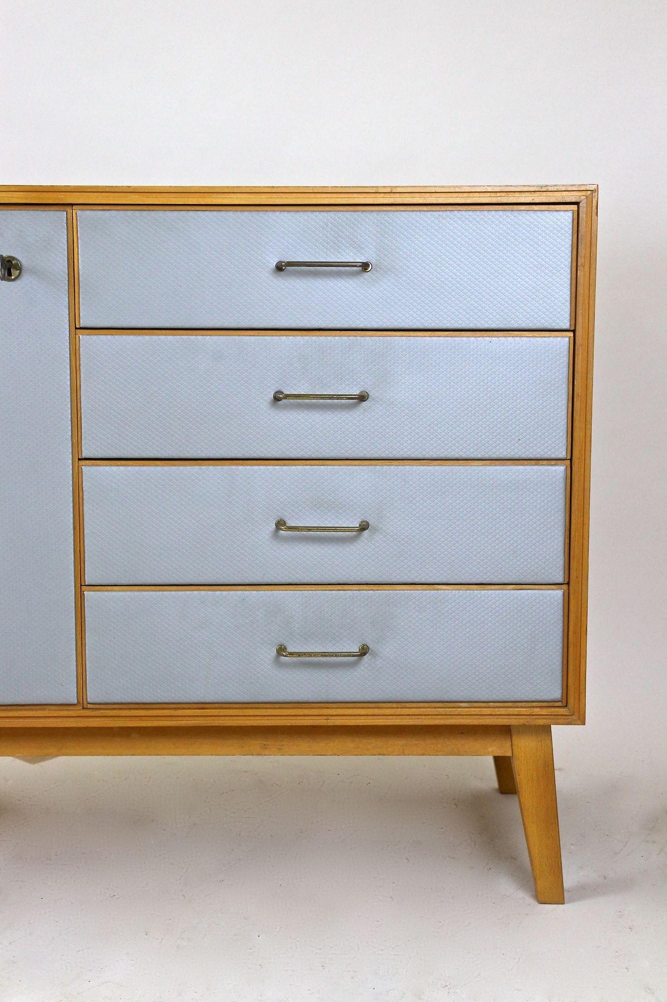 Mid-Century Modern Mid-Century Commode/ Chest of Drawers with Powder Blue Fronts, Austria Ca. 1960 For Sale