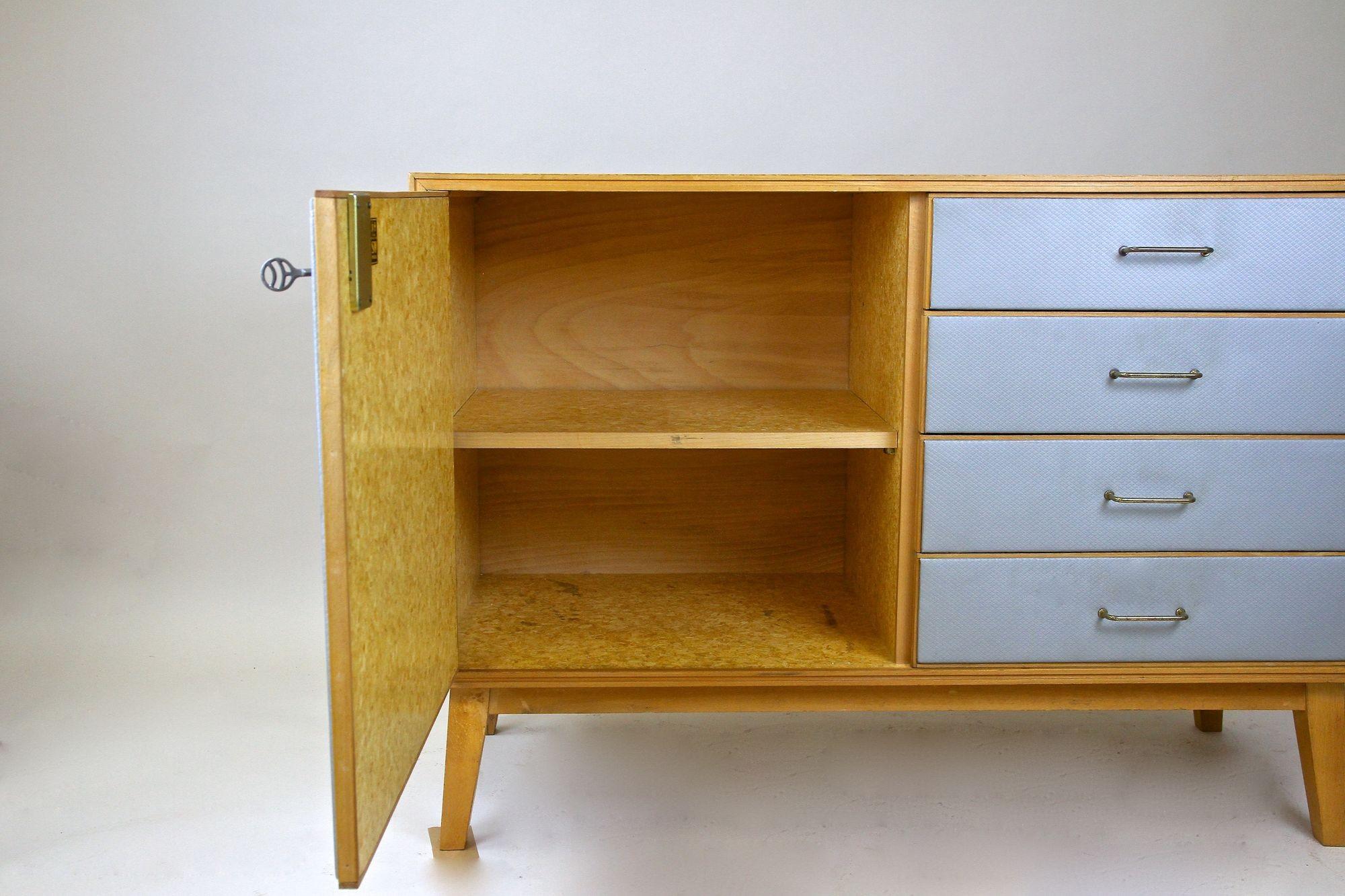 Wood Mid-Century Commode/ Chest of Drawers with Powder Blue Fronts, Austria Ca. 1960 For Sale