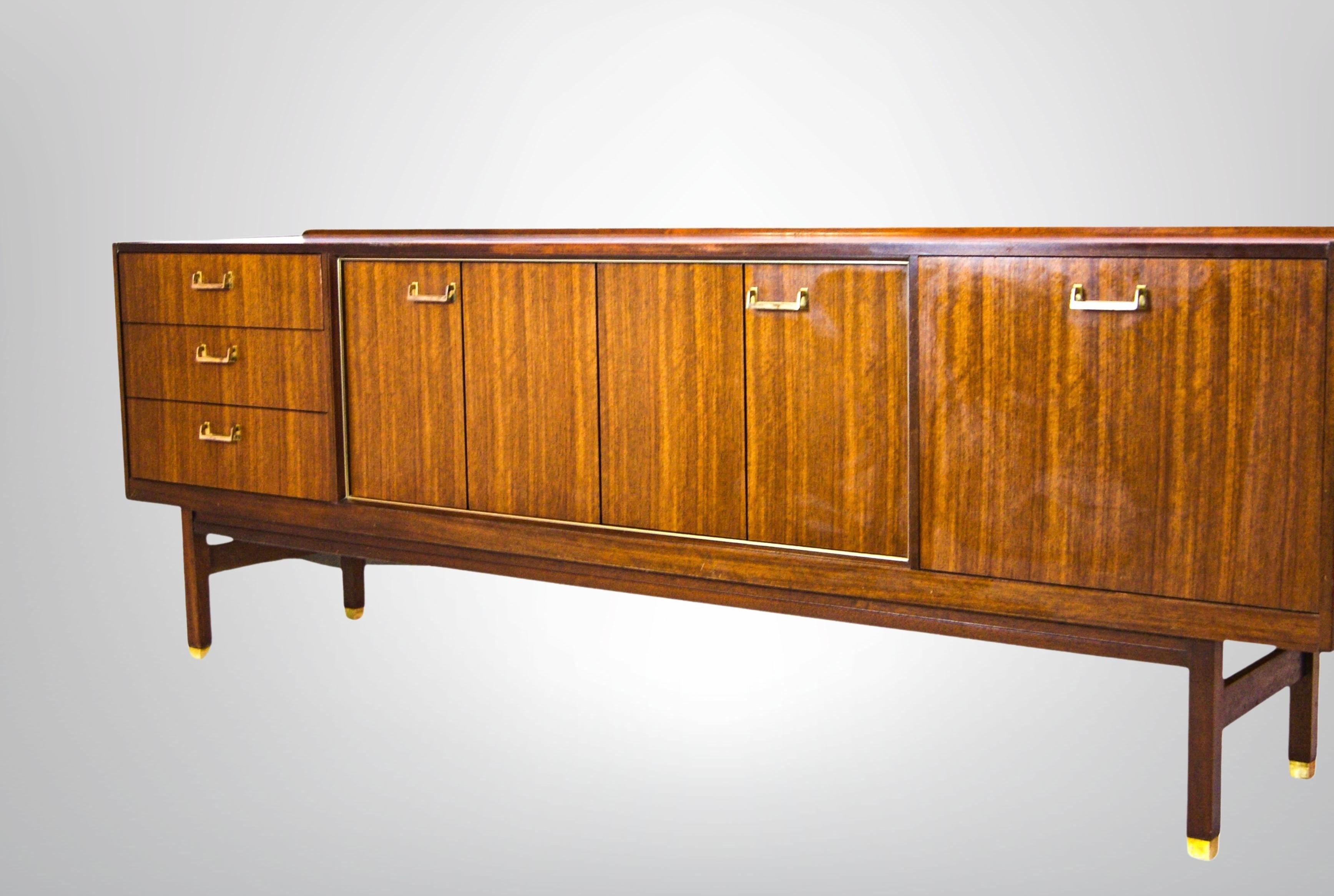 Retro 1950s Long Teak Sideboard by E Gomme With Brass Handles & Concertina Doors For Sale 4