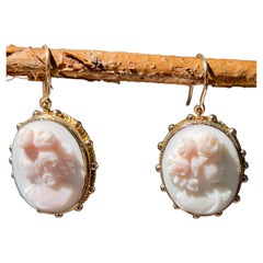 Vintage Mid-Century Conch Shell Cameo Earrings in 14K Yellow Gold