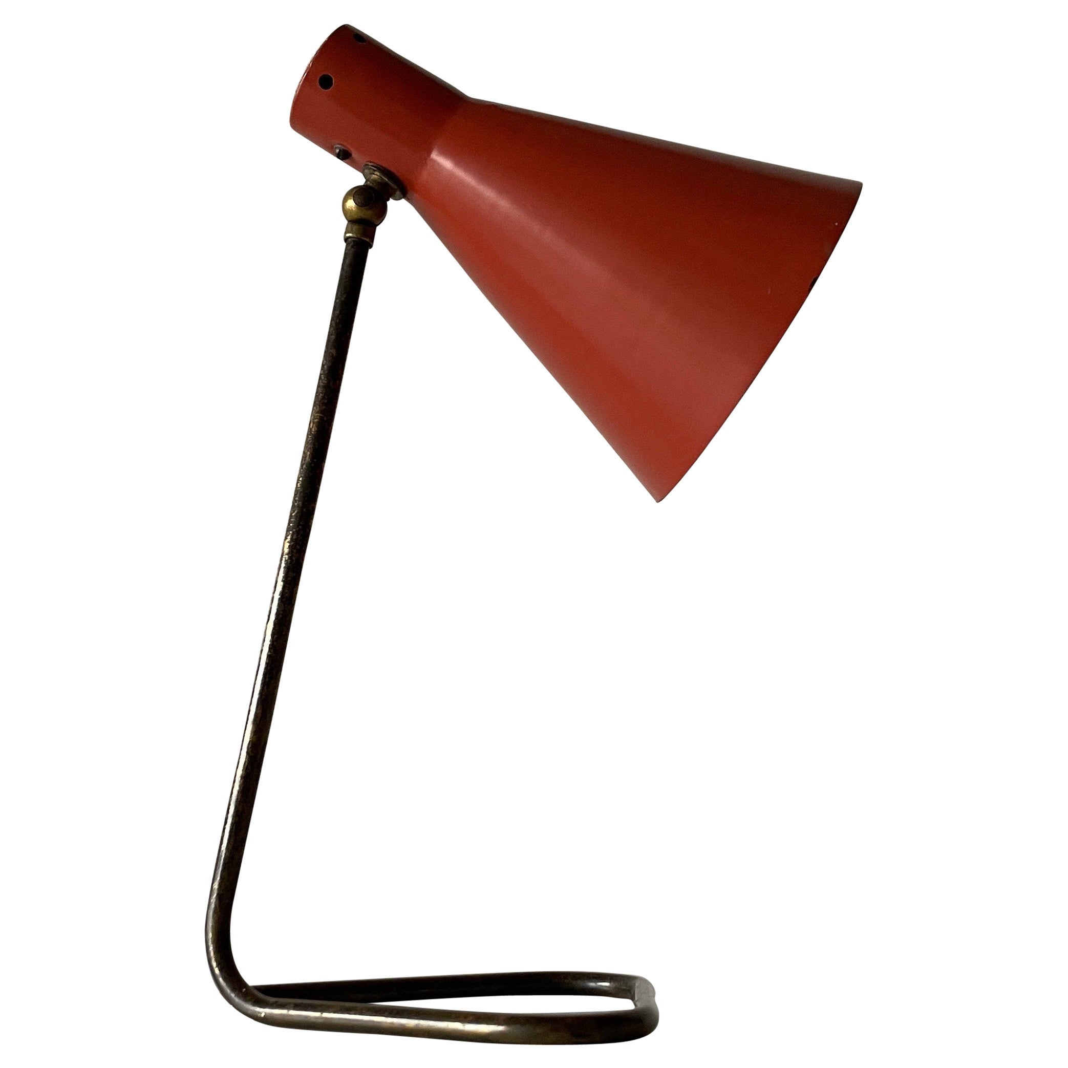 Mid-century Conic Red Shade and Brass Body Table Lamp, 1950s, Germany For Sale