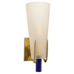 Mid-Century Conical Frosted Glass & Brass Sconce by Max Ingrand for Fontana Arte