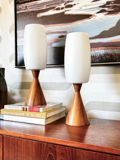 Mid Century Conical Wood and Glass Table Lamps - Set of 2