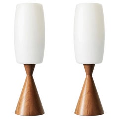 Mid Century Conical Wood and Glass Table Lamps - Set of 2