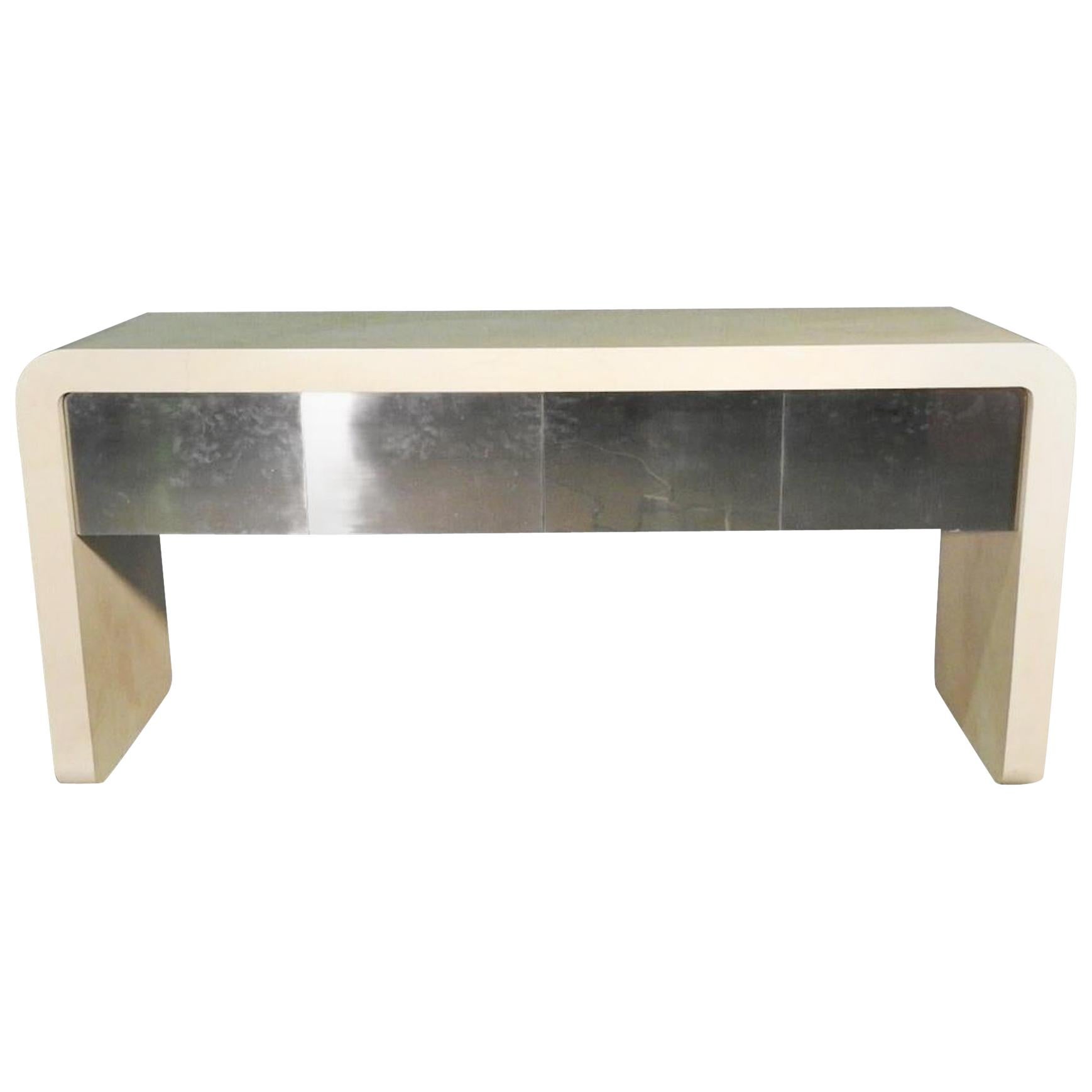 Mid-Century Faux Goatskin Console Table with Storage