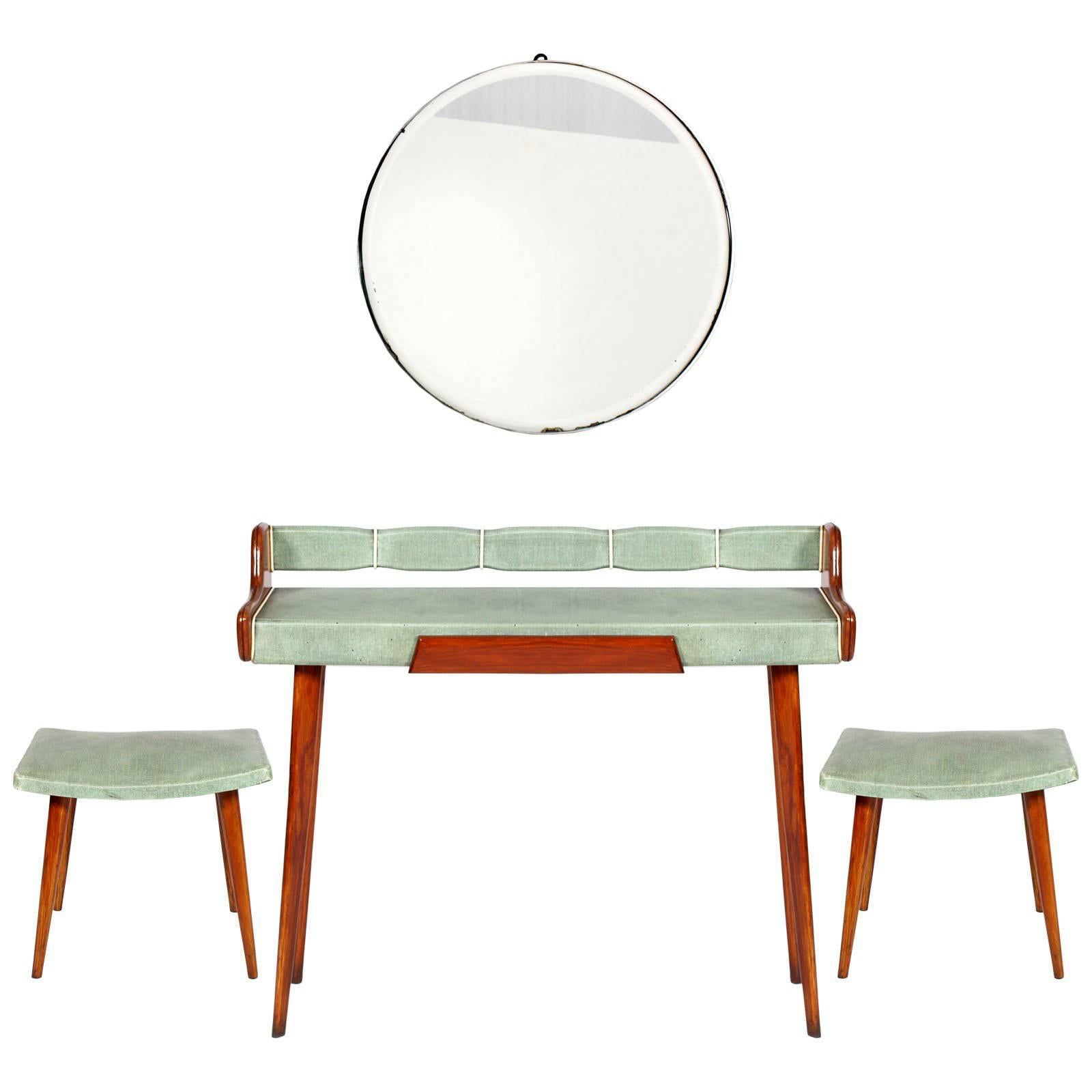 Midcentury Console & Round Beveled Mirror with Stools,  by Osvaldo Borsani