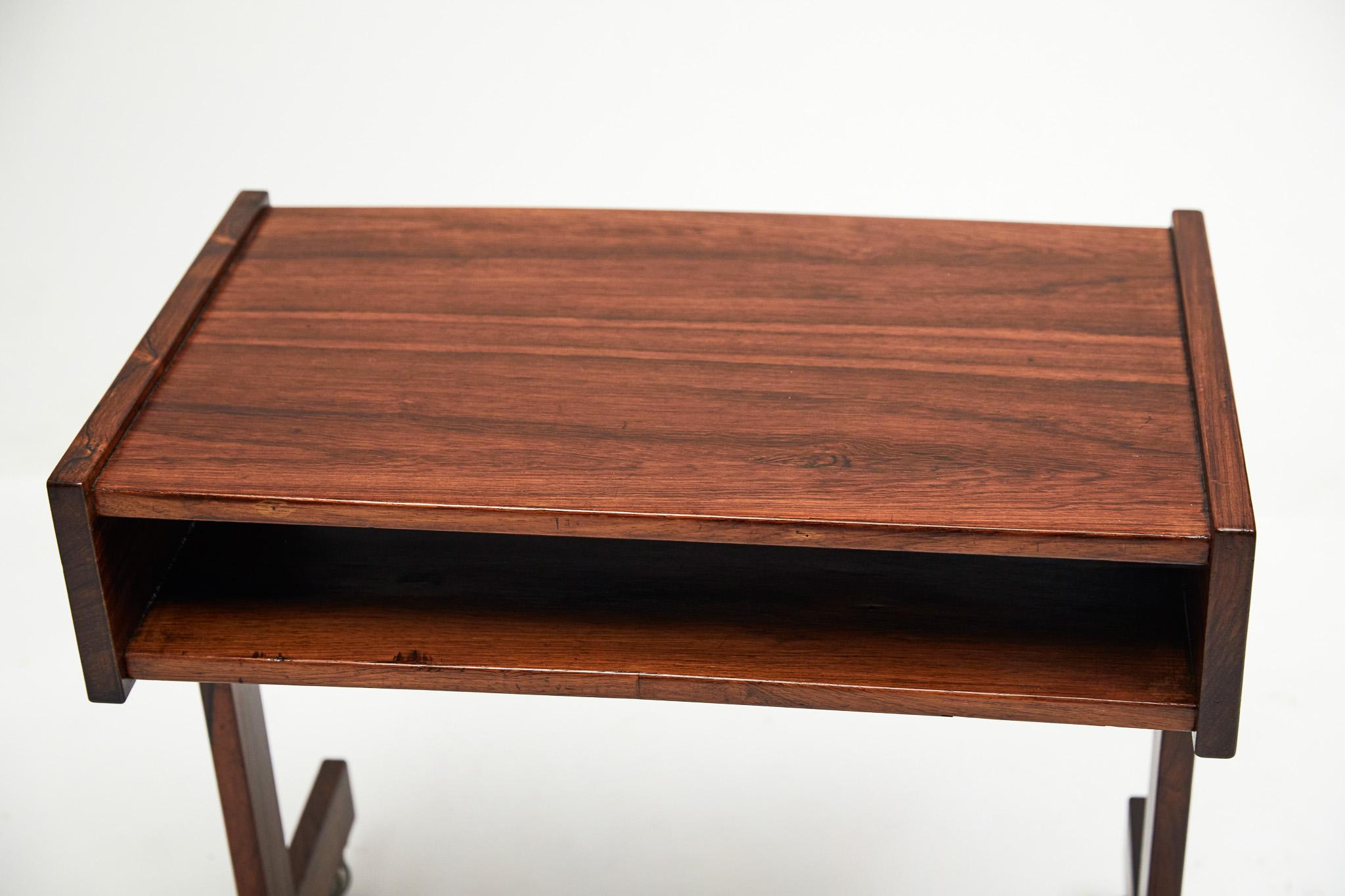 20th Century Midcentury Modern Console in Hardwood & Chrome Wheels. Sergio Rodrigues, Brazil For Sale