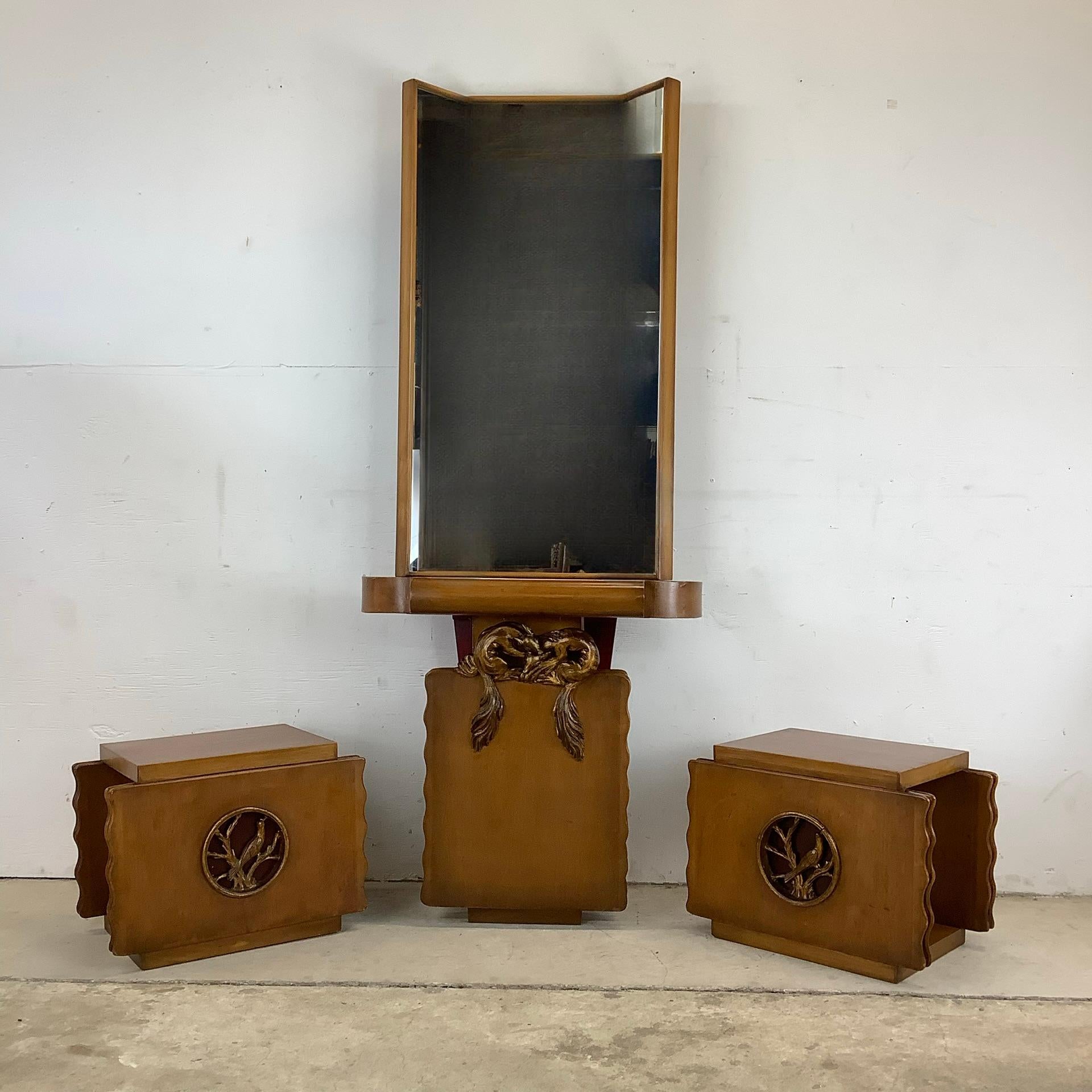 Looking for a statement piece that's both stylish and functional? Look no further than this Eugenio Montuori attributed console table or dressing table with mirror and pair of side tables (or stools)! This stunning set is the perfect way to add some