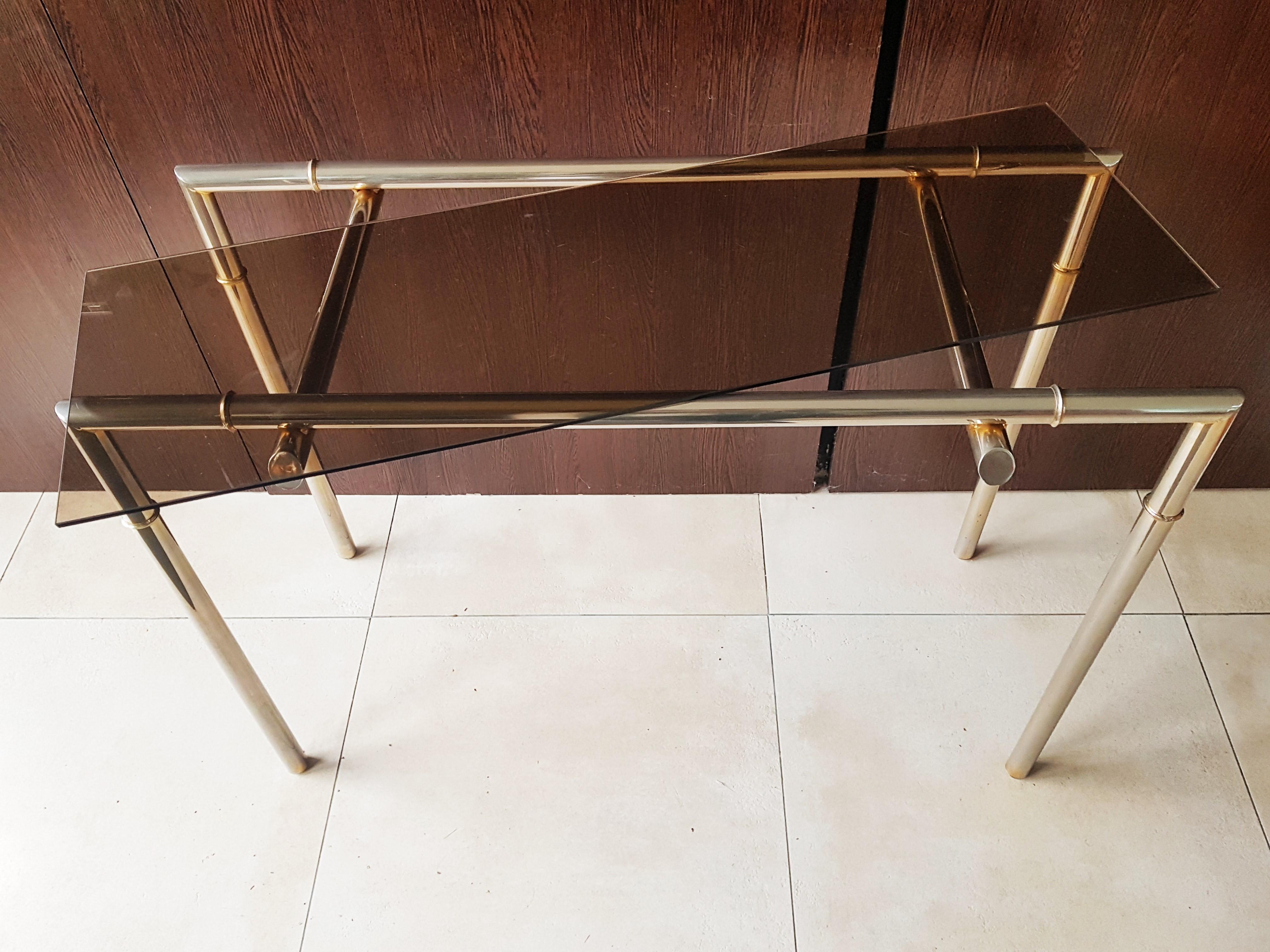 Midcentury console nickel and smoked glass, France, 1960s. Bamboo like tube design. Probably by Maison Jansen.