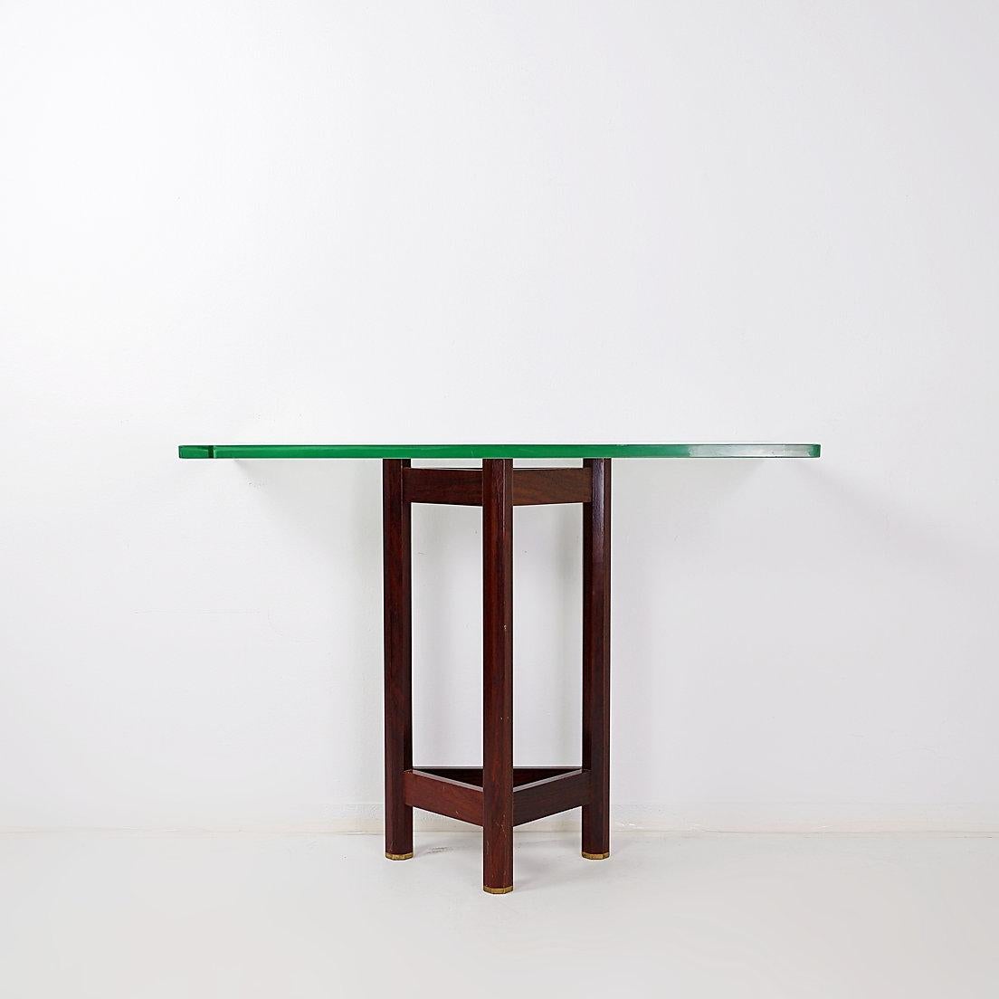 Mid-Century Console Table by Jan Vlug - Belgium
Vintage - Mid Century - Table
Measures : 100cmx40cm H:73.5 cm 
Glass top : 2cm 
Materials : Wood - Brass - Glass 
Console Table - Glass top - Jan Vlug 
Wear consistent with age and use.