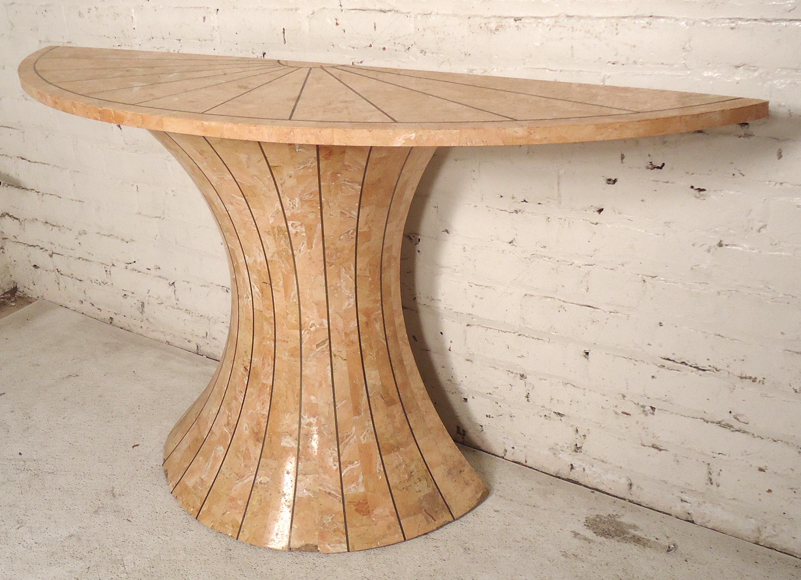 Curved entry table with tessellated marble and brass color inlay. 
(Please confirm item location - NY or NJ - with dealer).
 
