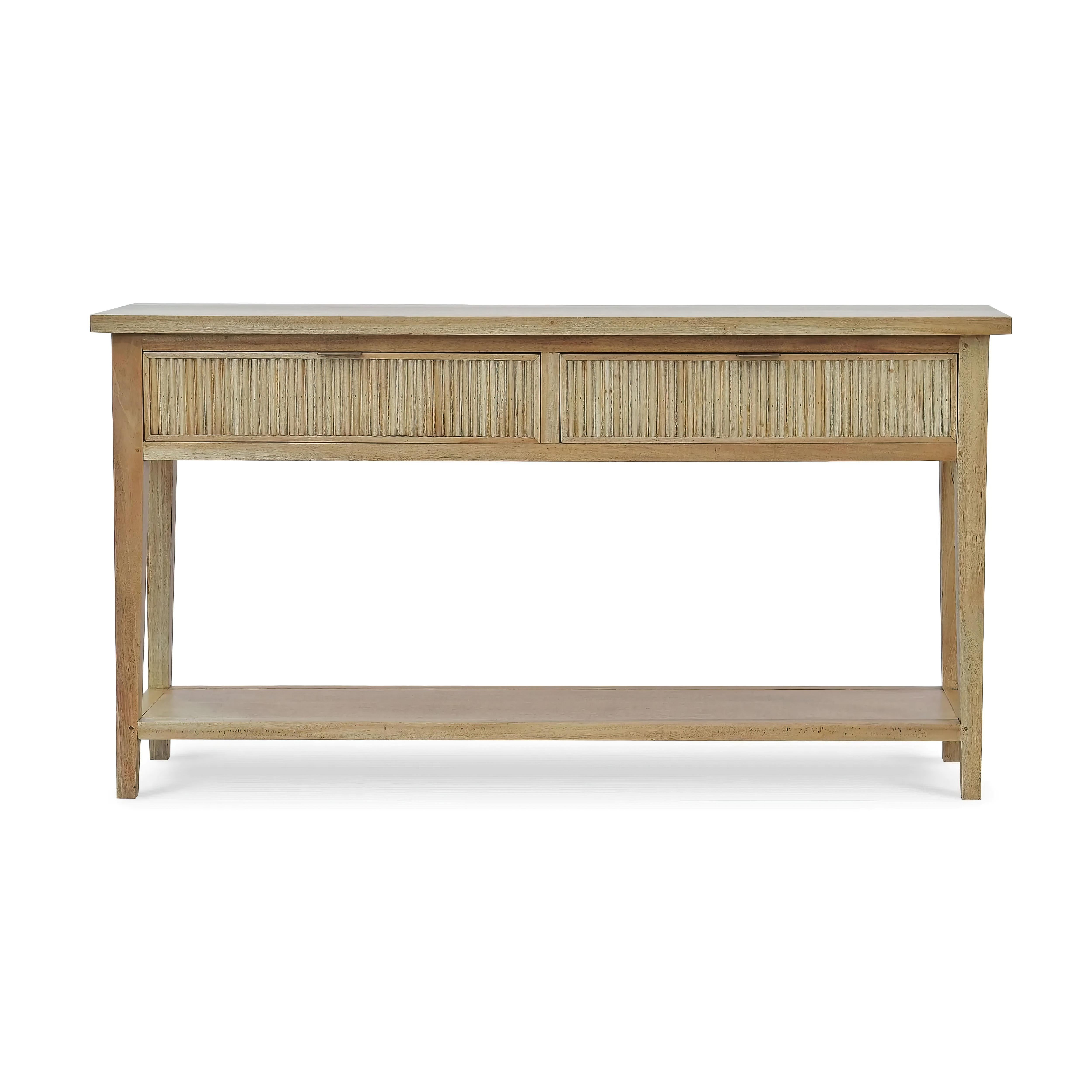 Crafted from solid mahogany, this beautifully designed console table features ribbed drawer fronts that add texture and character. The two drawers provide ample storage for your essentials, while the lower shelf offers additional space for storage