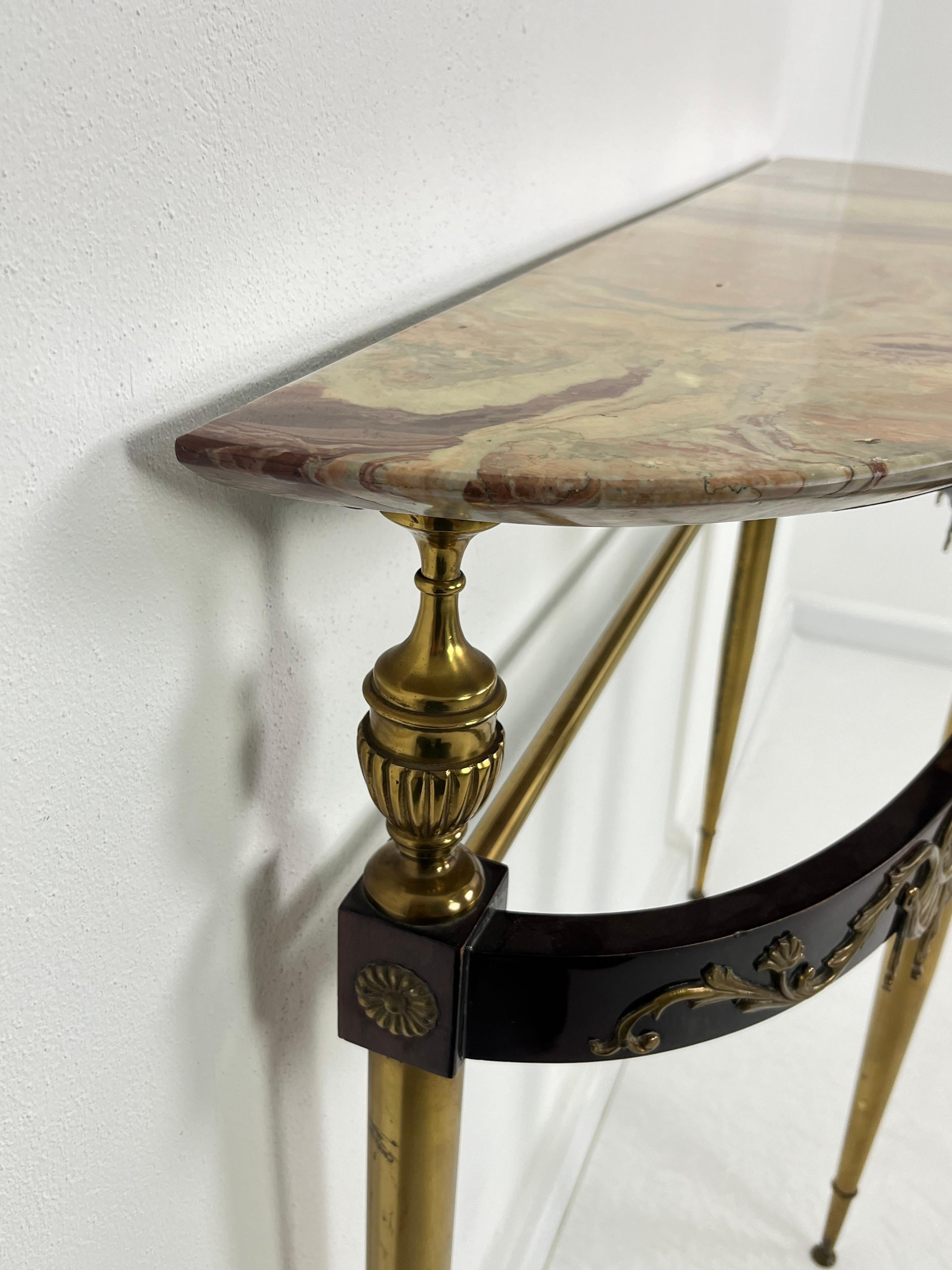 Mid-century Console Table in Brass, Lacquered Beech, and Siena Marble, 1950s For Sale 5