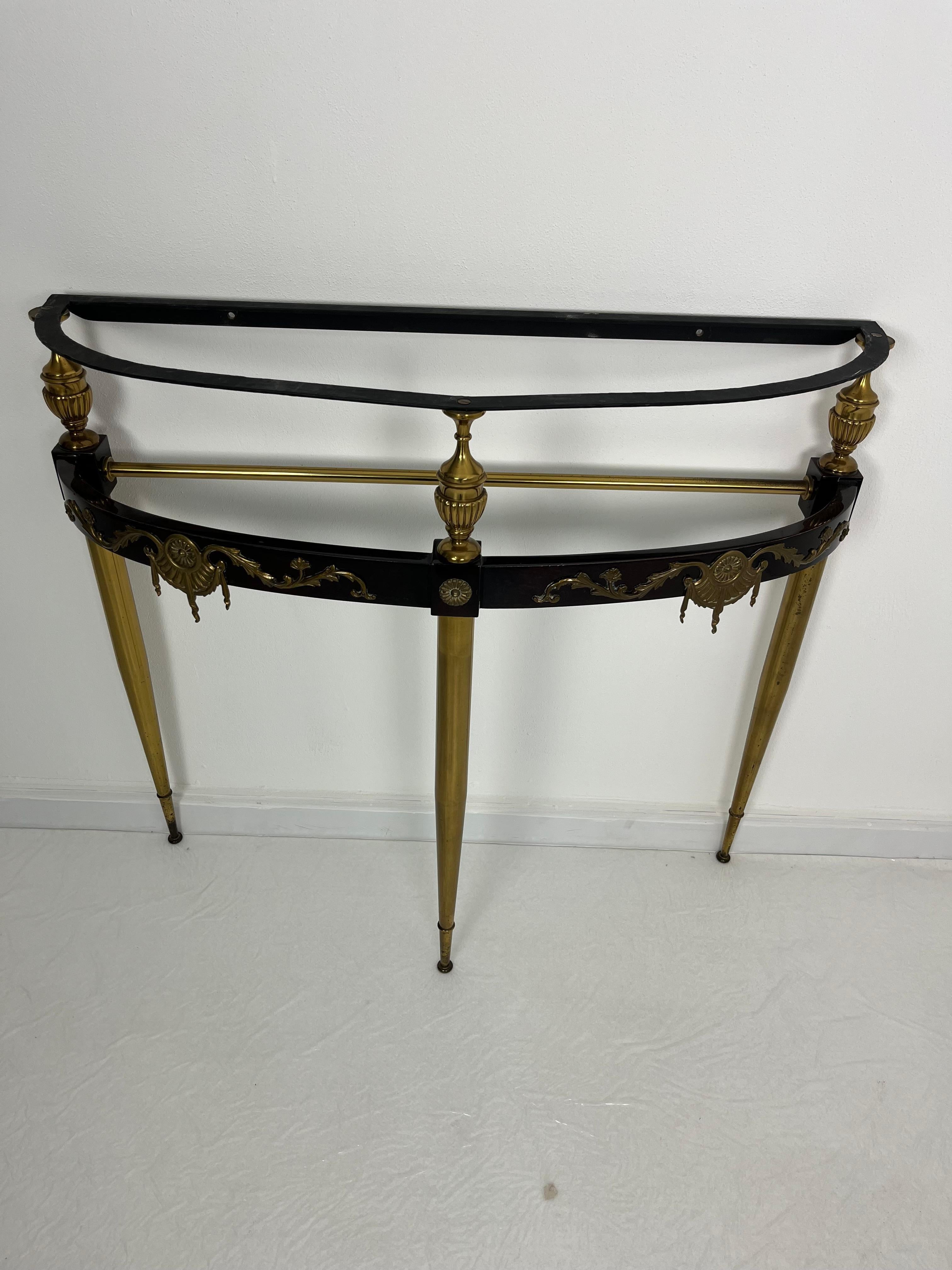 Mid-century Console Table in Brass, Lacquered Beech, and Siena Marble, 1950s For Sale 6