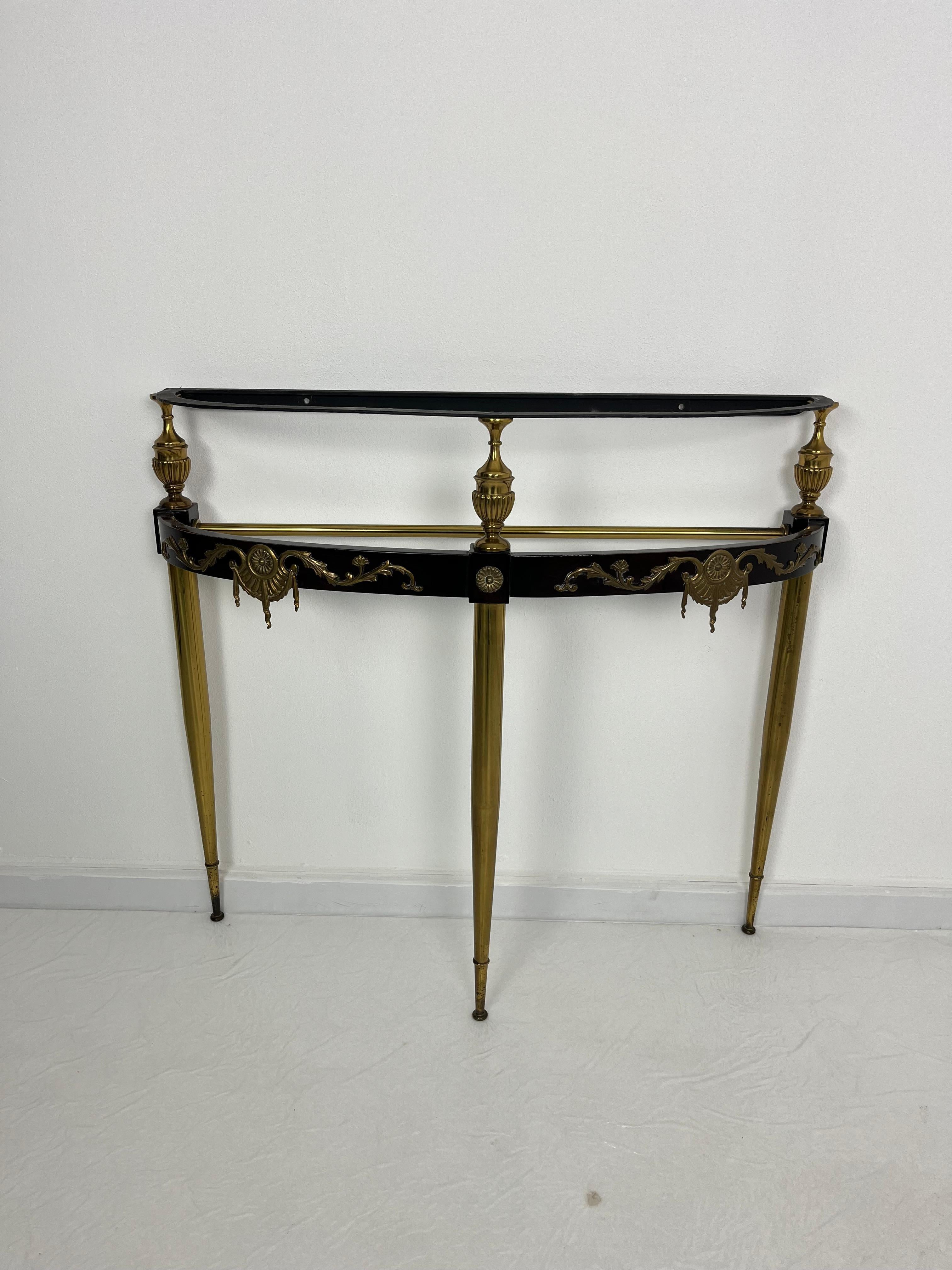 Mid-century Console Table in Brass, Lacquered Beech, and Siena Marble, 1950s For Sale 7