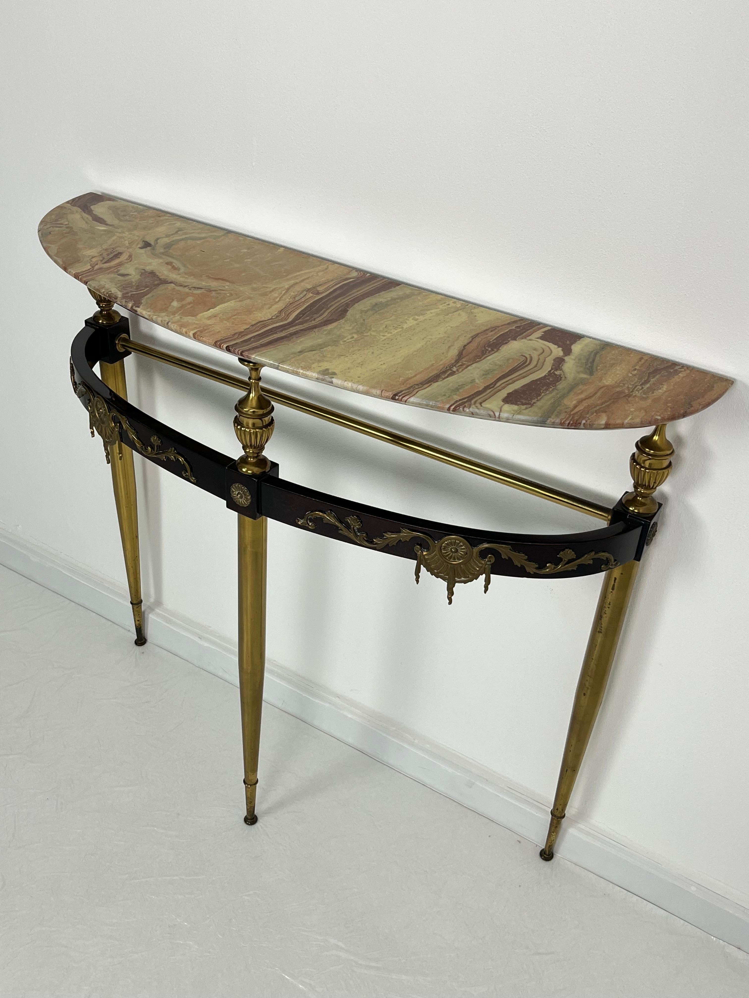 Mid-century console table in brass, lacquered beech, and Siena marble, 1950s
Intact and in good condition.
Made in Italy.
Found in a noble apartment in my hometown, Palermo.

We guarantee prompt shipping with suitable packaging in a wooden crate via