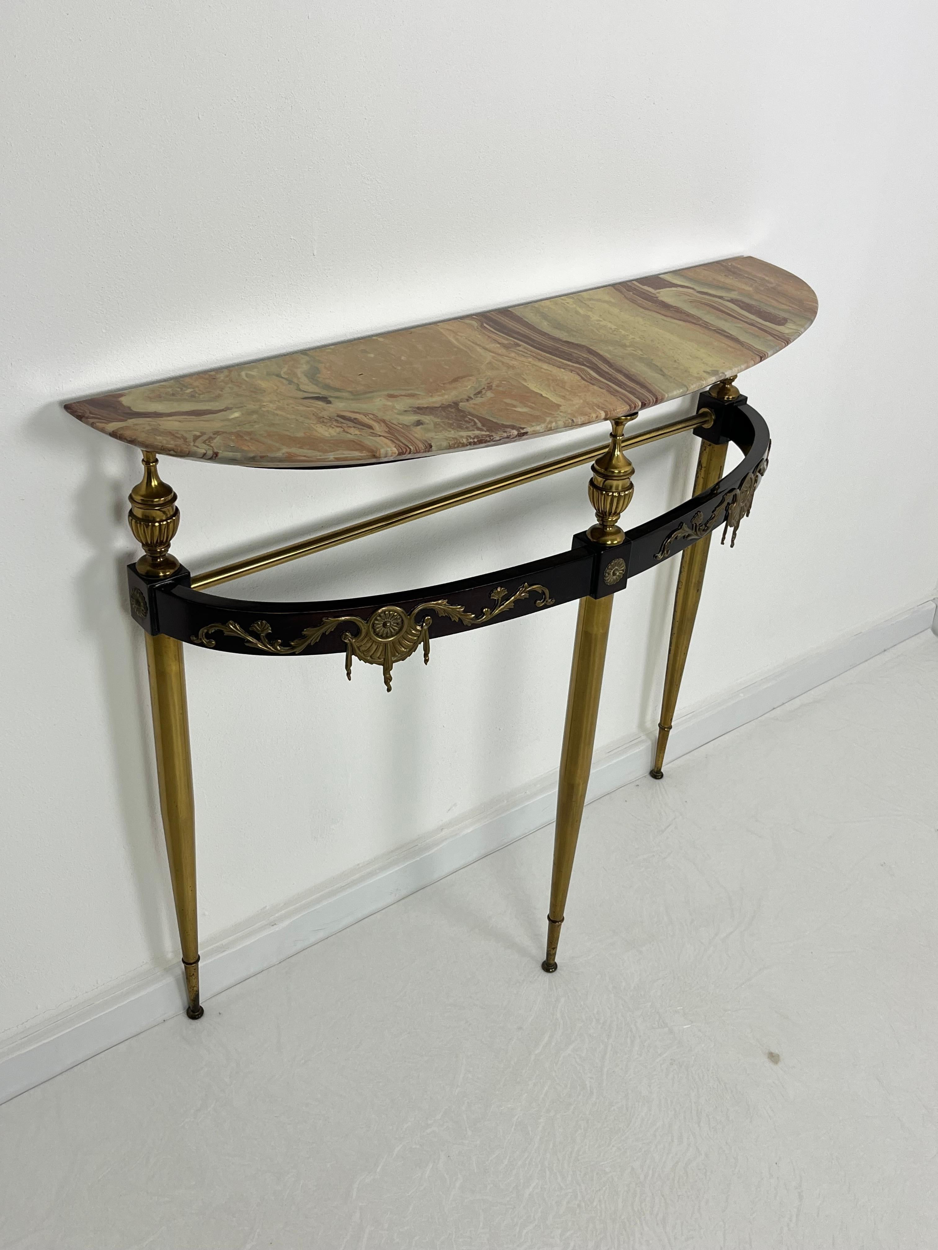Italian Mid-century Console Table in Brass, Lacquered Beech, and Siena Marble, 1950s For Sale