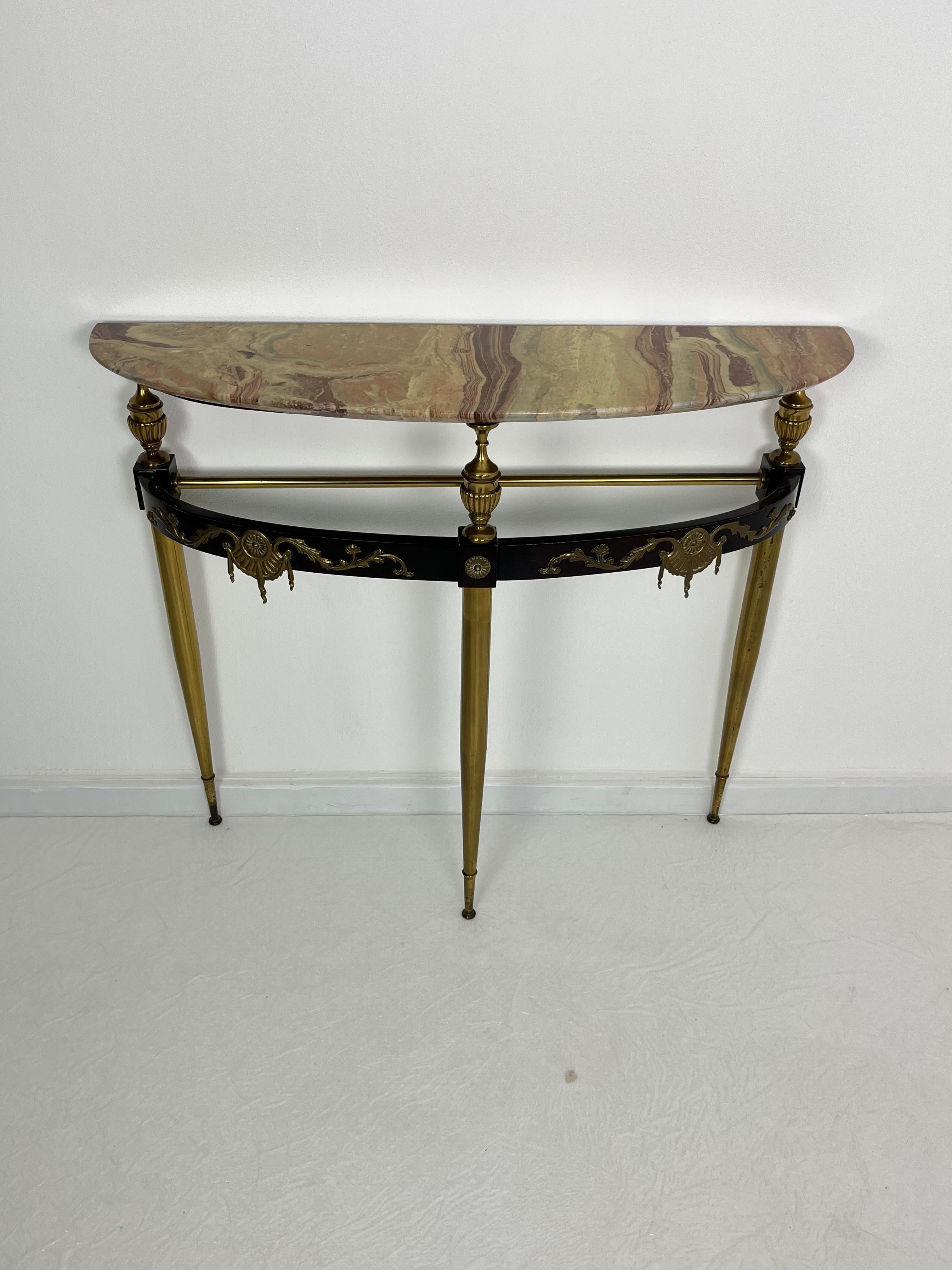 Mid-century Console Table in Brass, Lacquered Beech, and Siena Marble, 1950s In Good Condition For Sale In Palermo, IT