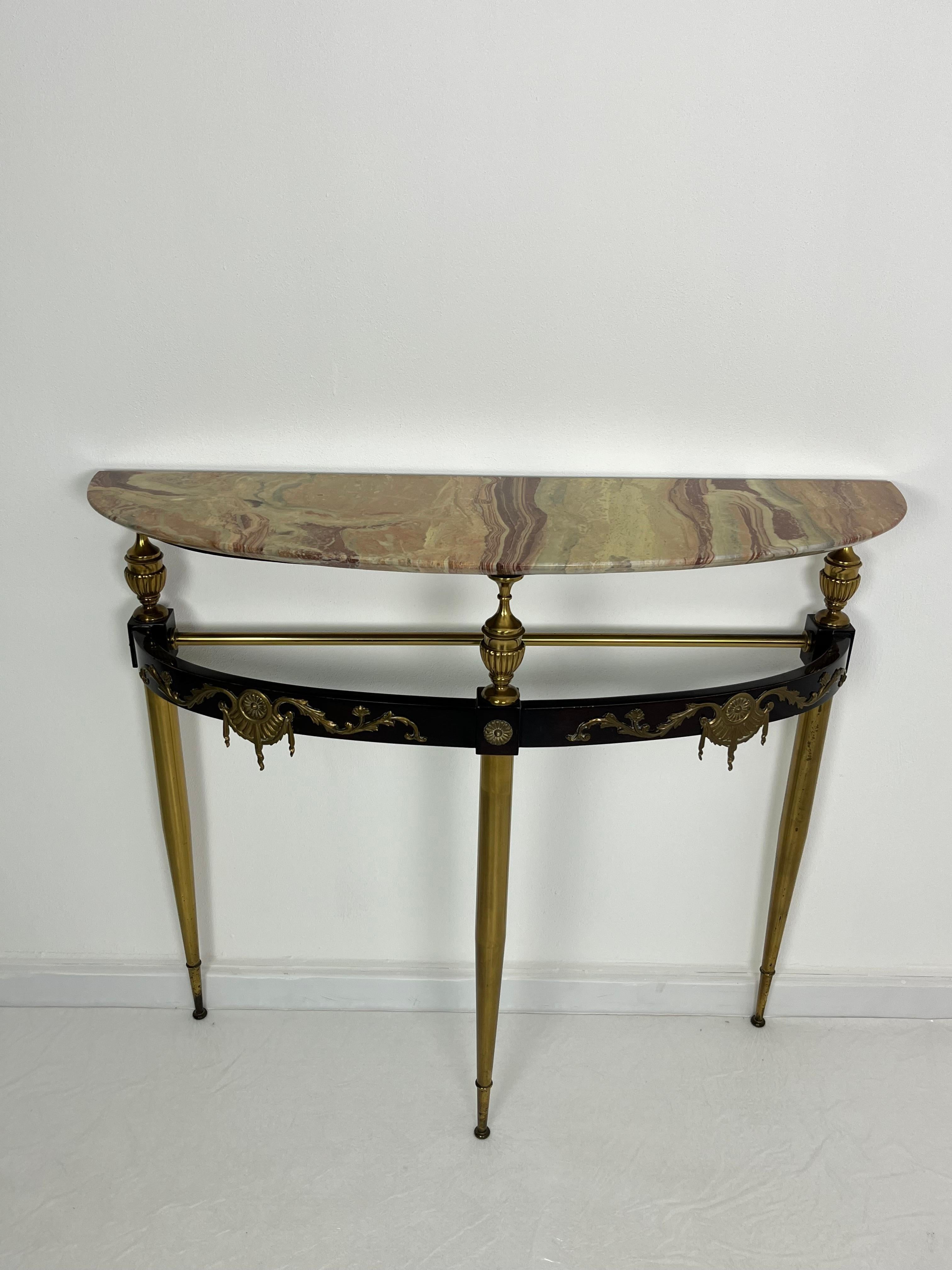 Mid-century Console Table in Brass, Lacquered Beech, and Siena Marble, 1950s For Sale 3