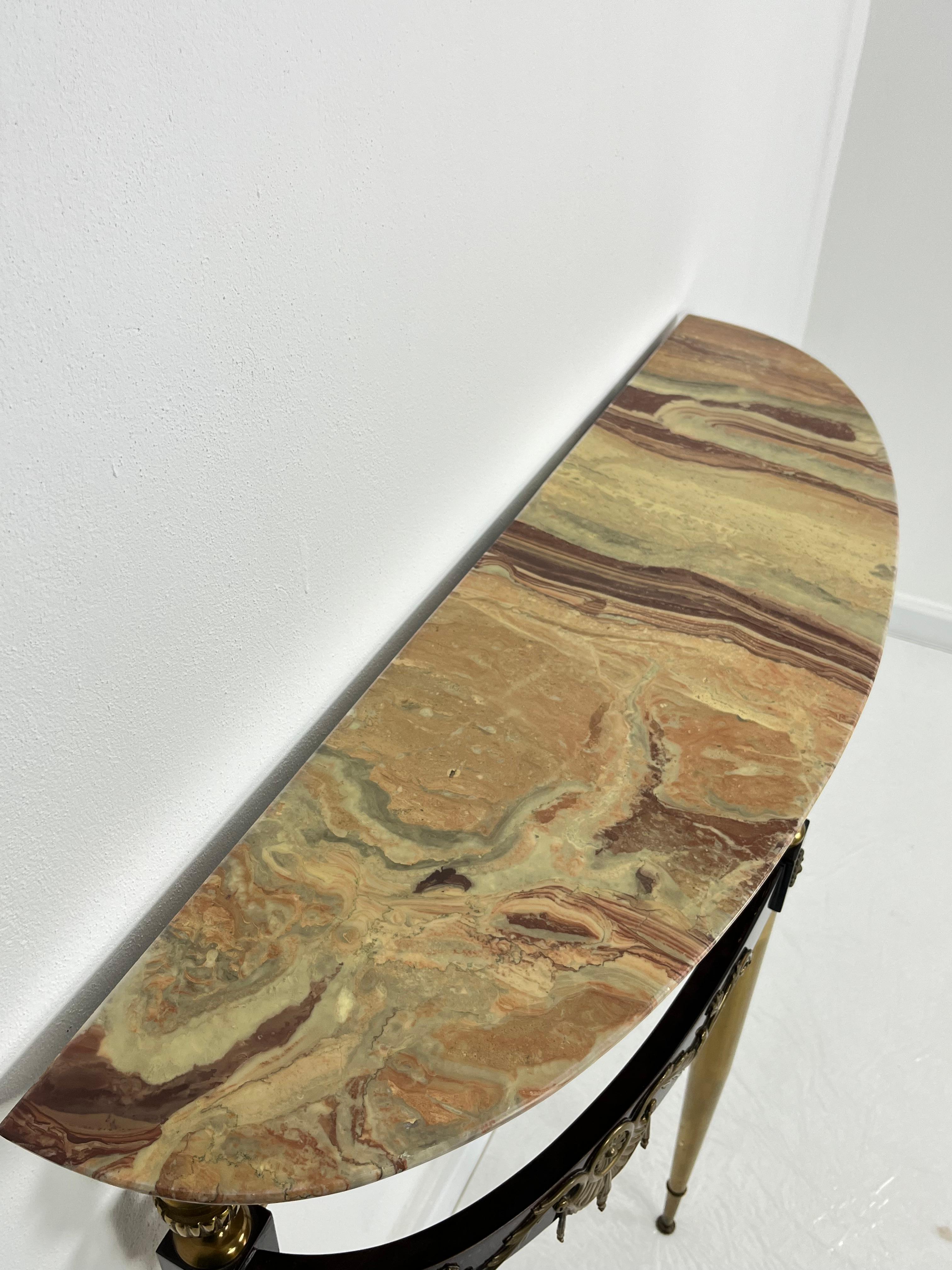 Mid-century Console Table in Brass, Lacquered Beech, and Siena Marble, 1950s For Sale 4