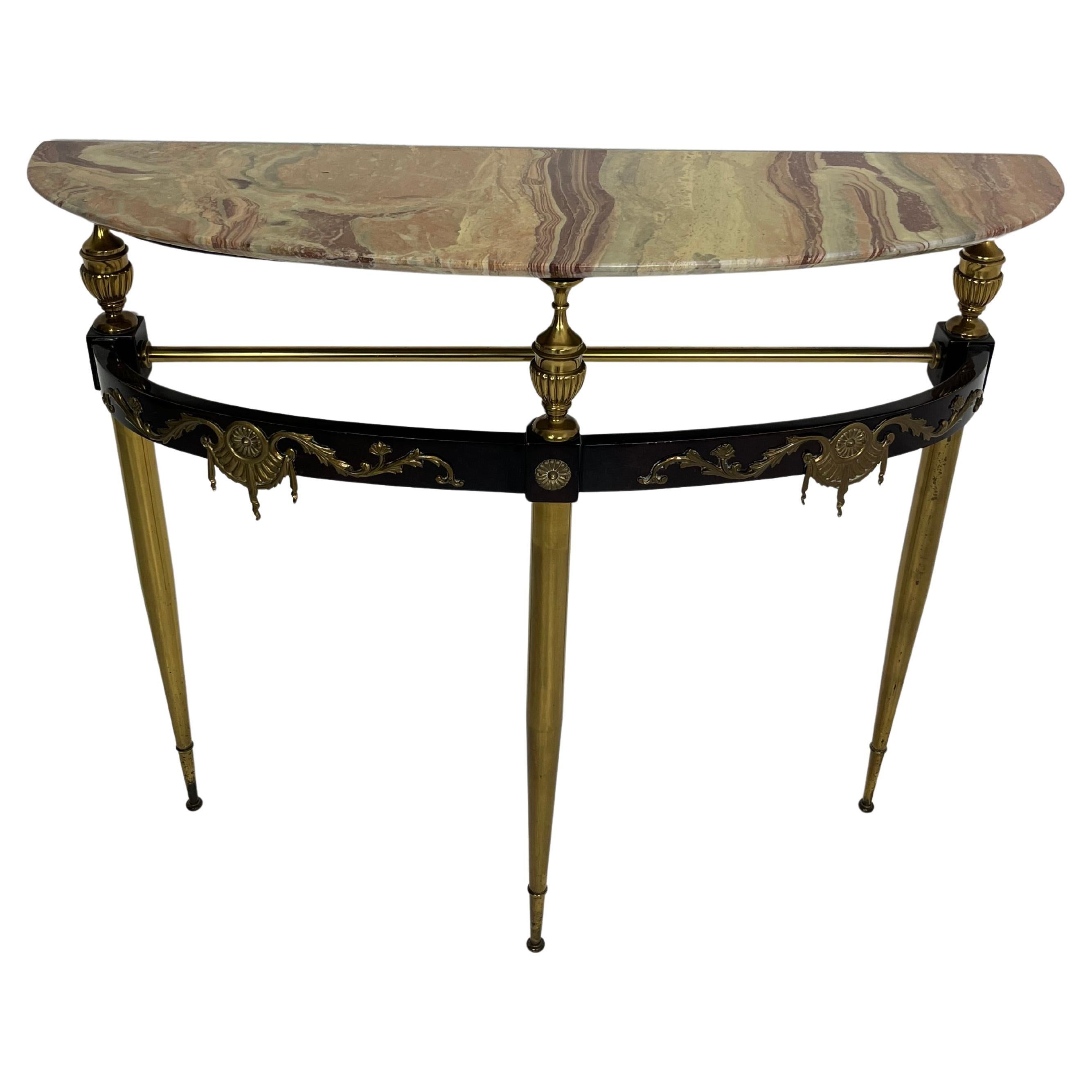 Mid-century Console Table in Brass, Lacquered Beech, and Siena Marble, 1950s For Sale