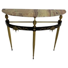 Vintage Mid-century Console Table in Brass, Lacquered Beech, and Siena Marble, 1950s