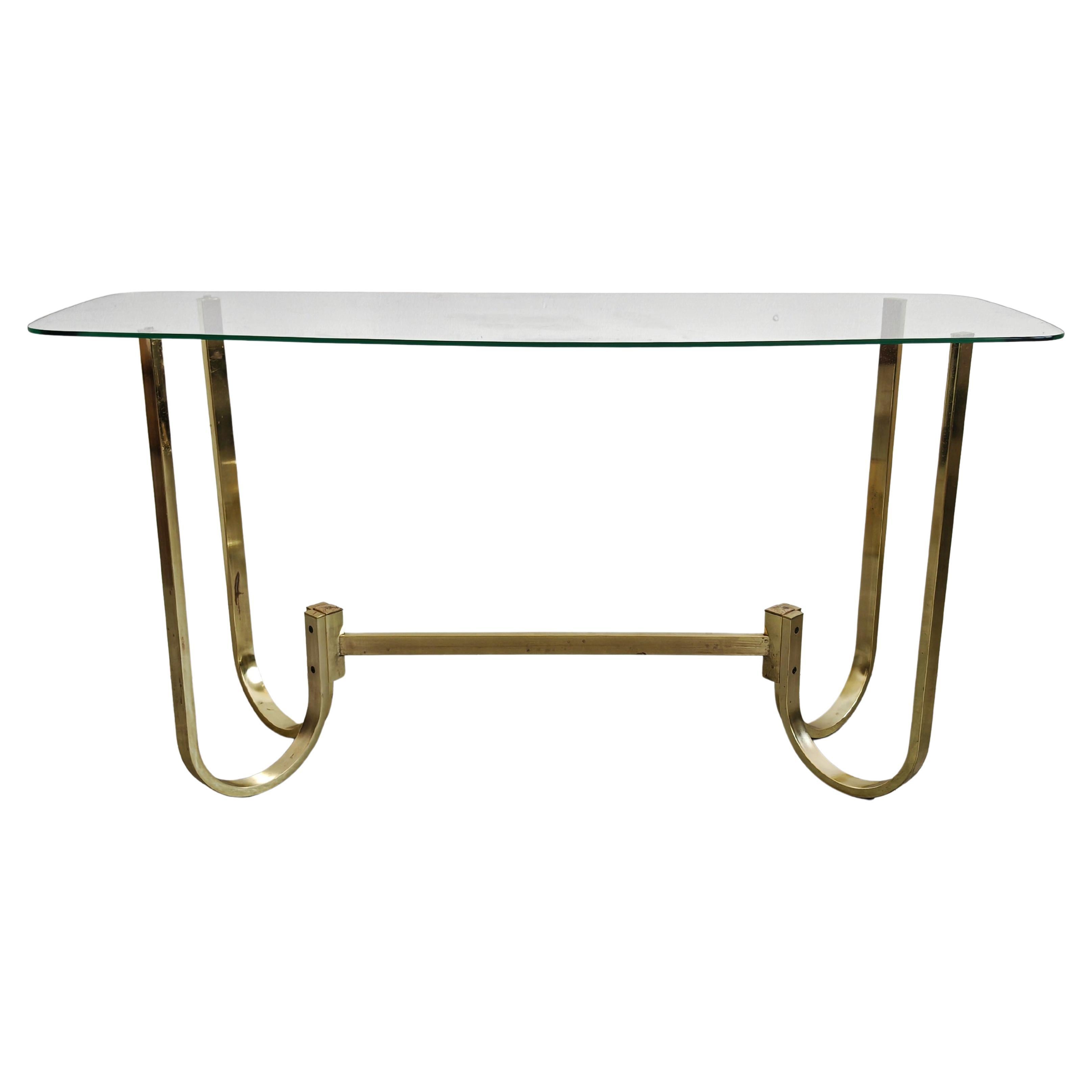 Mesa consola Mid Century de aluminio galvanizado con tapa de cristal, Alemania Años 70