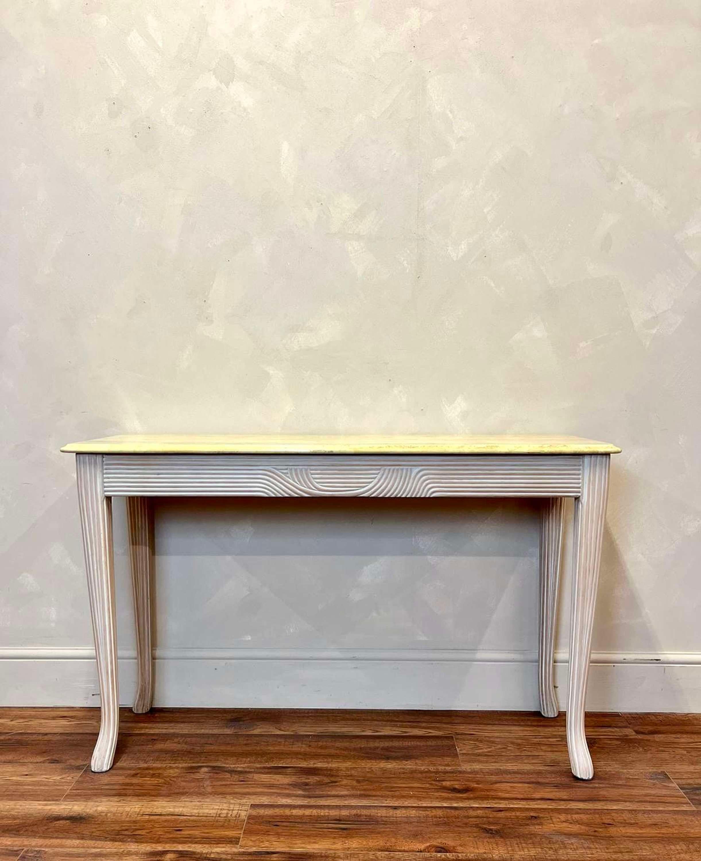 Smart midcentury Console Table in the manner of Gabriella Crespi.
Immaculate condition.
White-washed reeded legs, sit below a glazed stone top.
Dimensions:H: 78cm (30.7