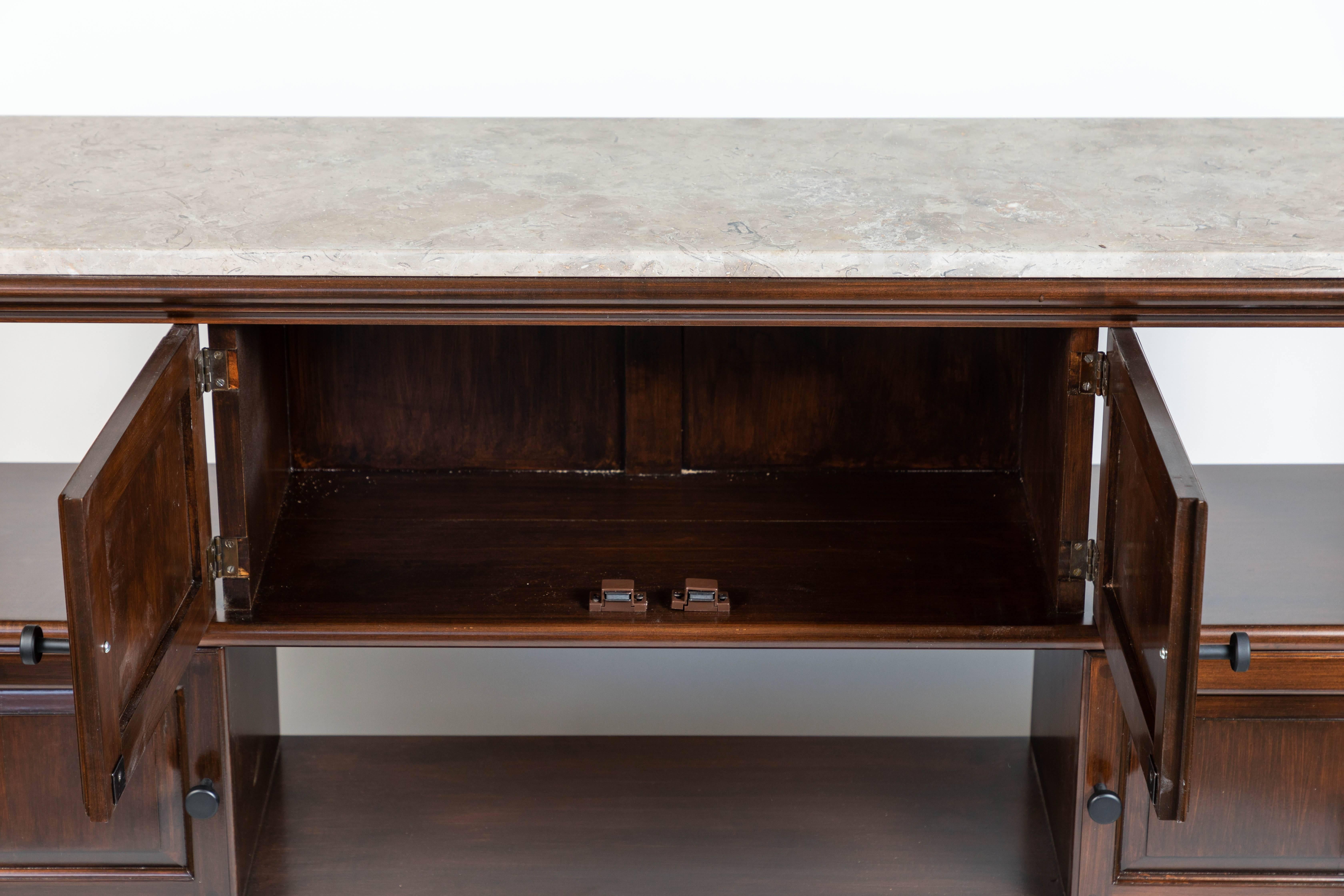 Mid Century Console with New Limestone Top In Excellent Condition In Pasadena, CA