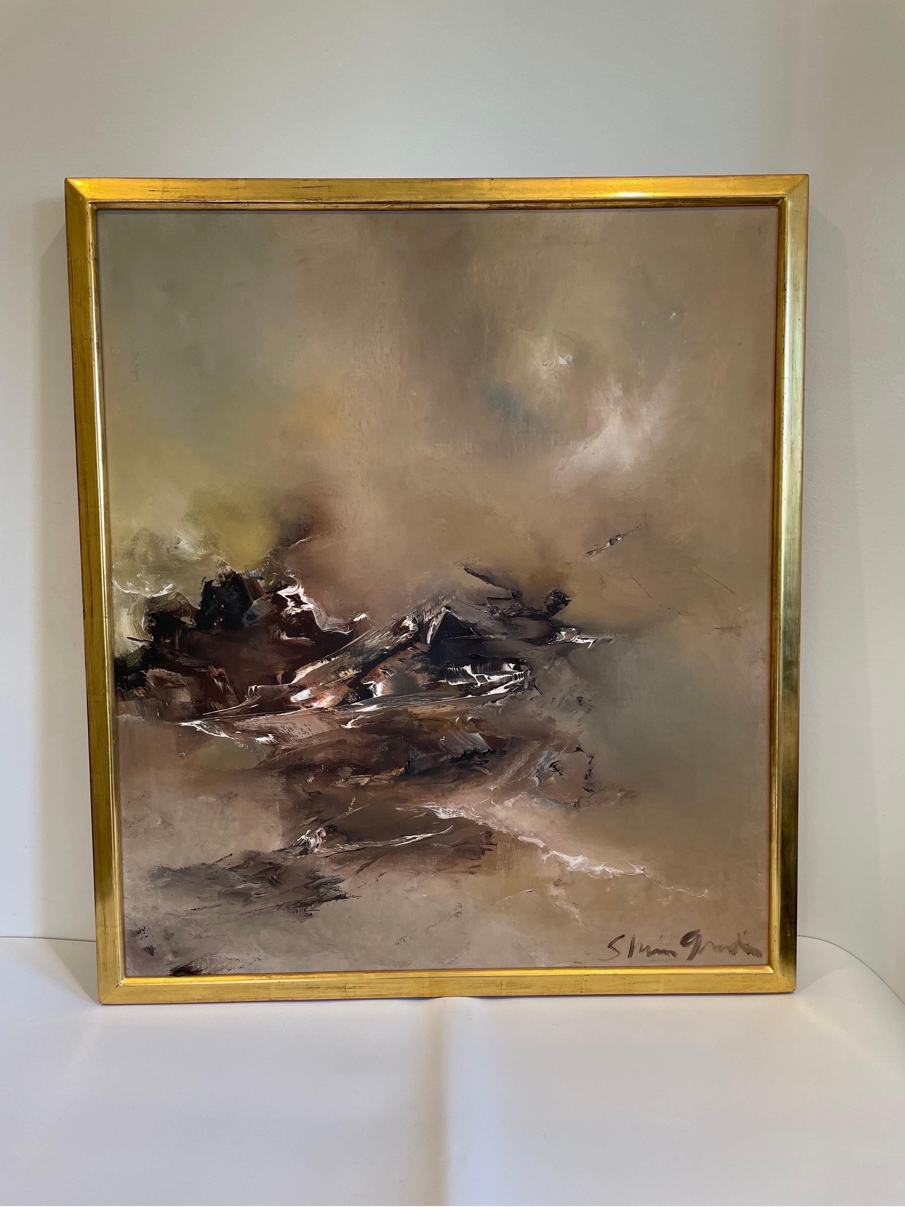 Mid Century Moody, Stormy Abstract Painting in a fabulous gilt frame. Some see mountains, others see an ocean. 

Great color, composition and movement.

Signed by artist.
 