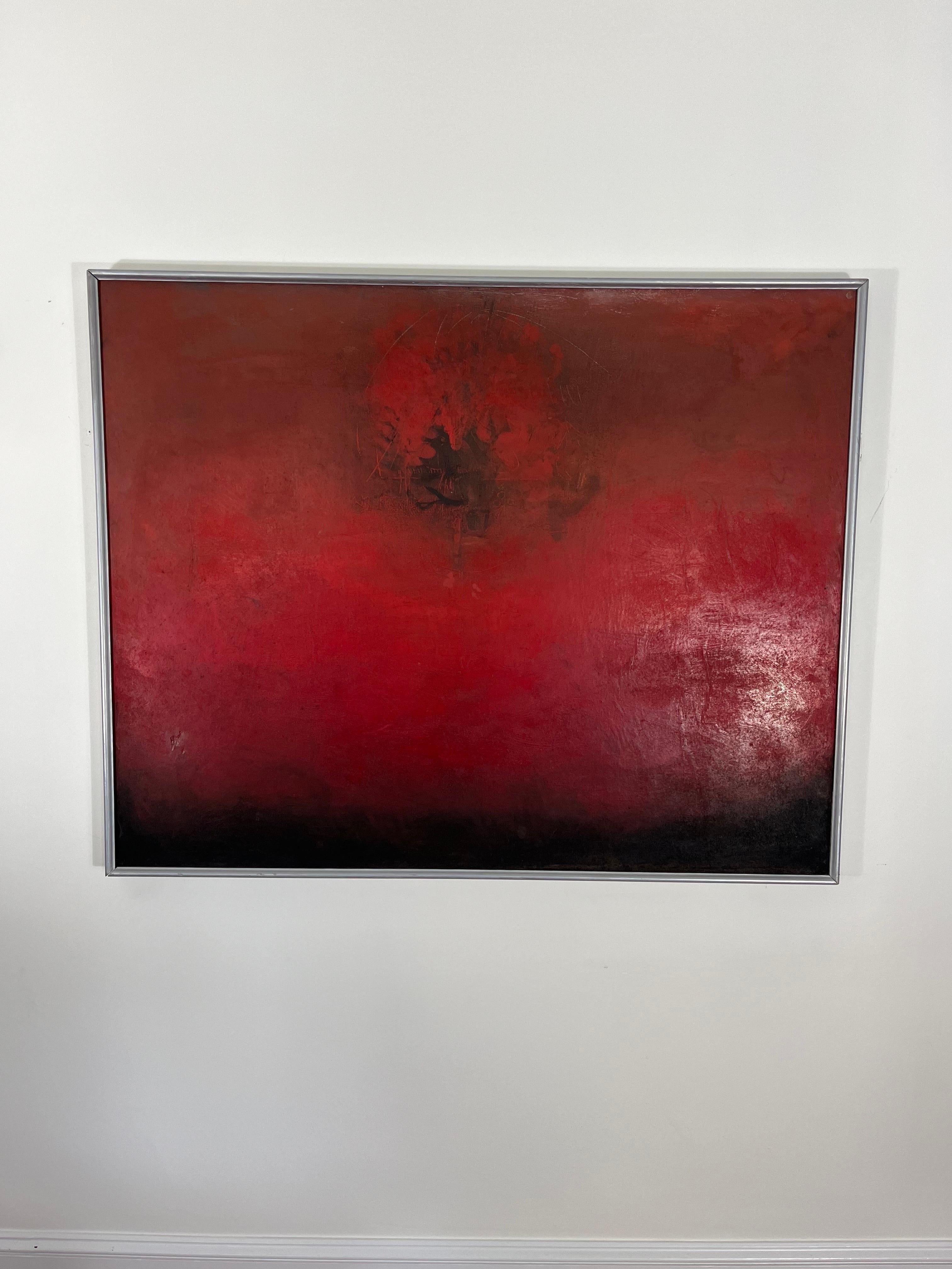 Striking, dramatic and moody oil painting on canvas and wood frame. Deep red with shades of black. Light abstract texture throughout to catch addition light and create depth. 
Curbside to NYC/Philly $400