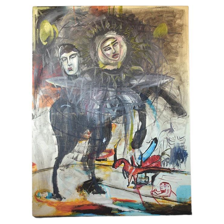 Plongez dans l'extraordinaire attrait de notre peinture expressionniste sur toile, qui capture une scène unique en son genre. Cette œuvre d'art abstraite présente une créature captivante ressemblant à un cheval avec deux têtes en son centre, ce qui