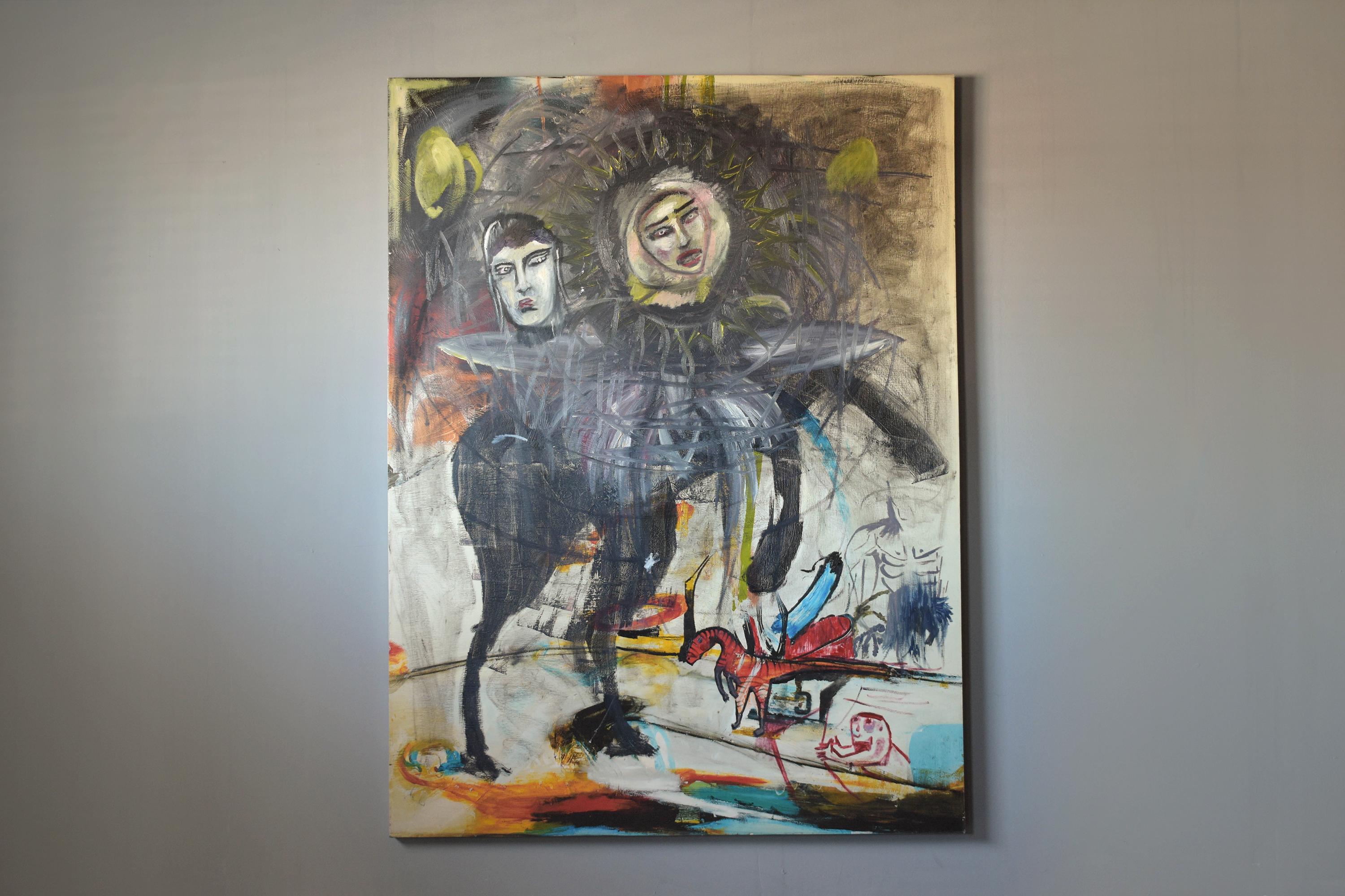 Artisanat Peinture expressionniste abstraite unique à deux têtes de cheval en vente