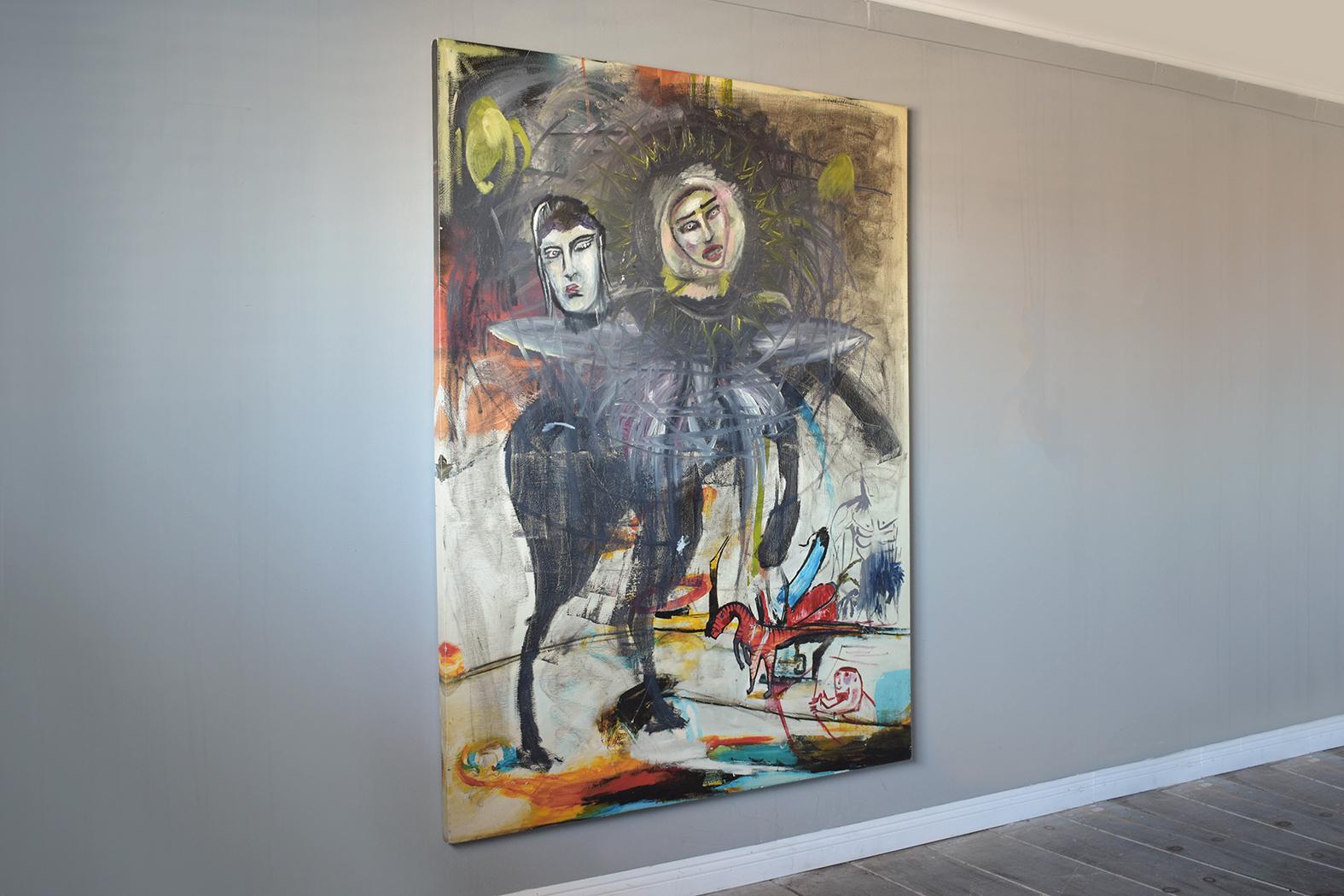 Américain Peinture expressionniste abstraite unique à deux têtes de cheval en vente