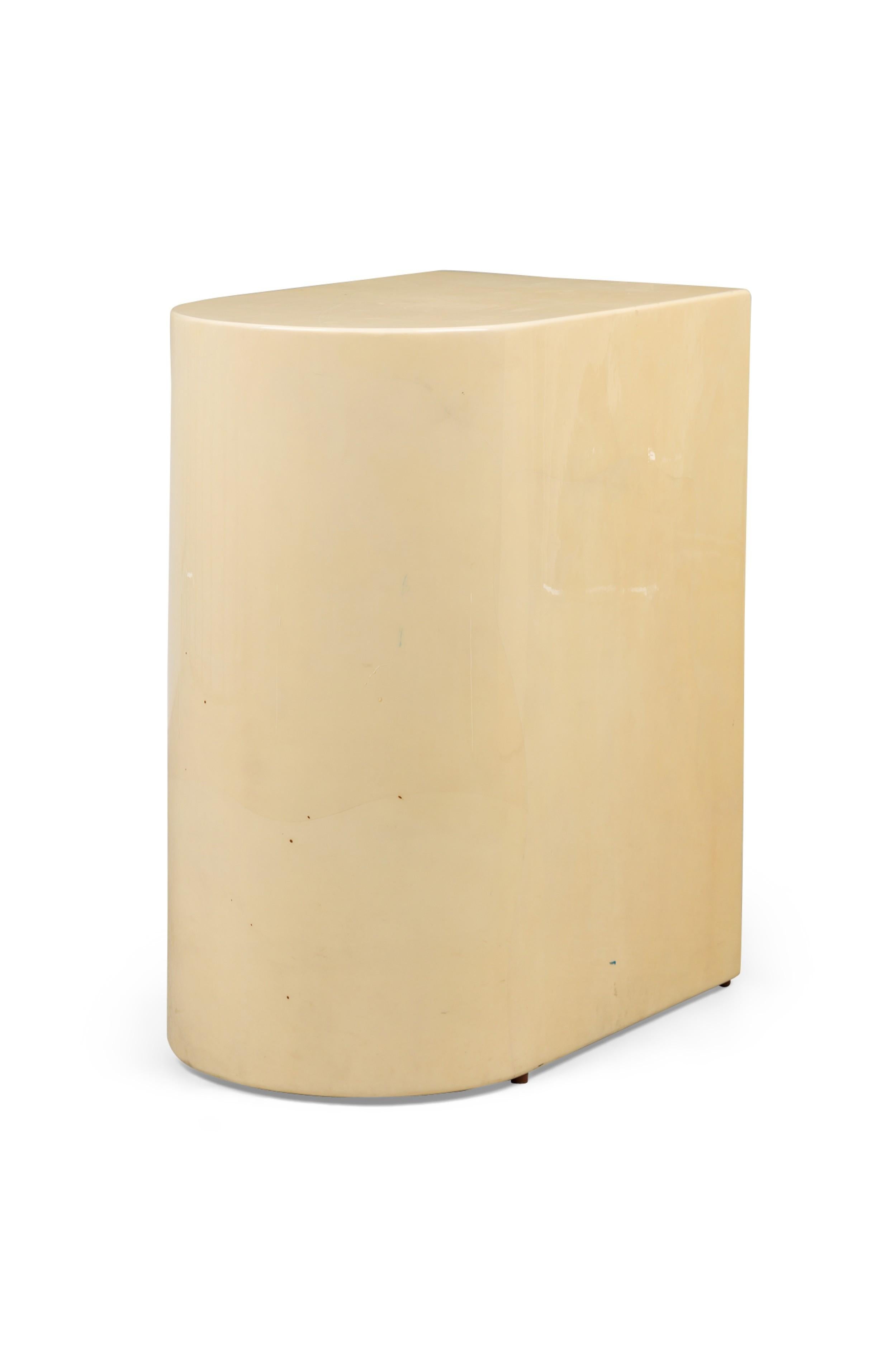 Mid-Century American beige goat skin pedestal / end table base) with a rounded front and flat back (KARL SPRINGER) (3 identical REG4050 and similar oval model REG4050C in LIC warehouse)

