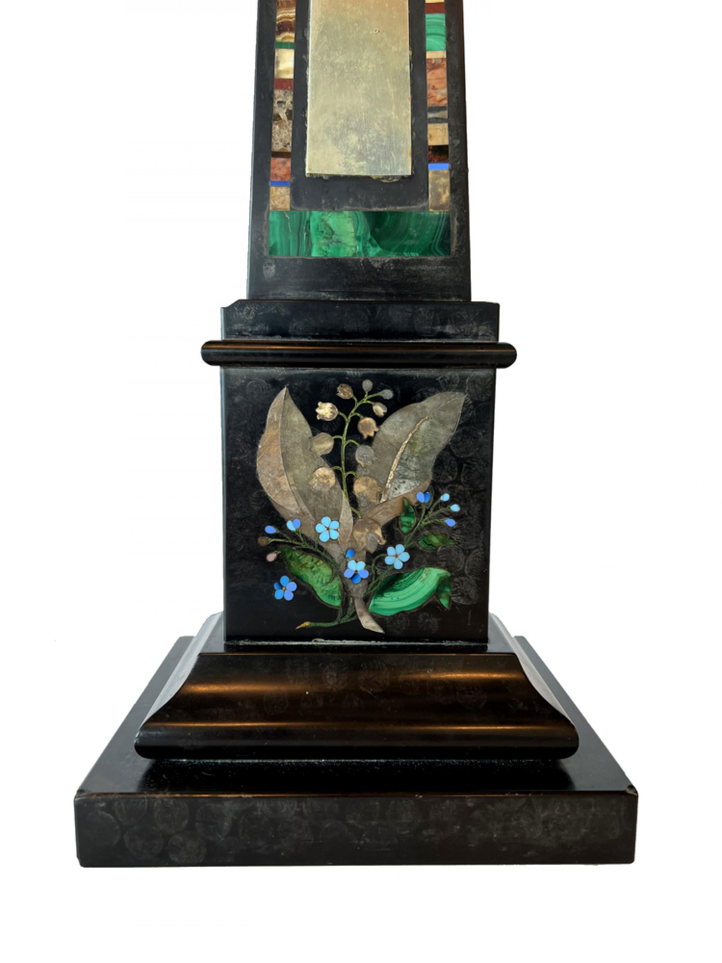 Mid-Century Continental large tabletop marmo negro and specimen marble grand tour obelisk.
