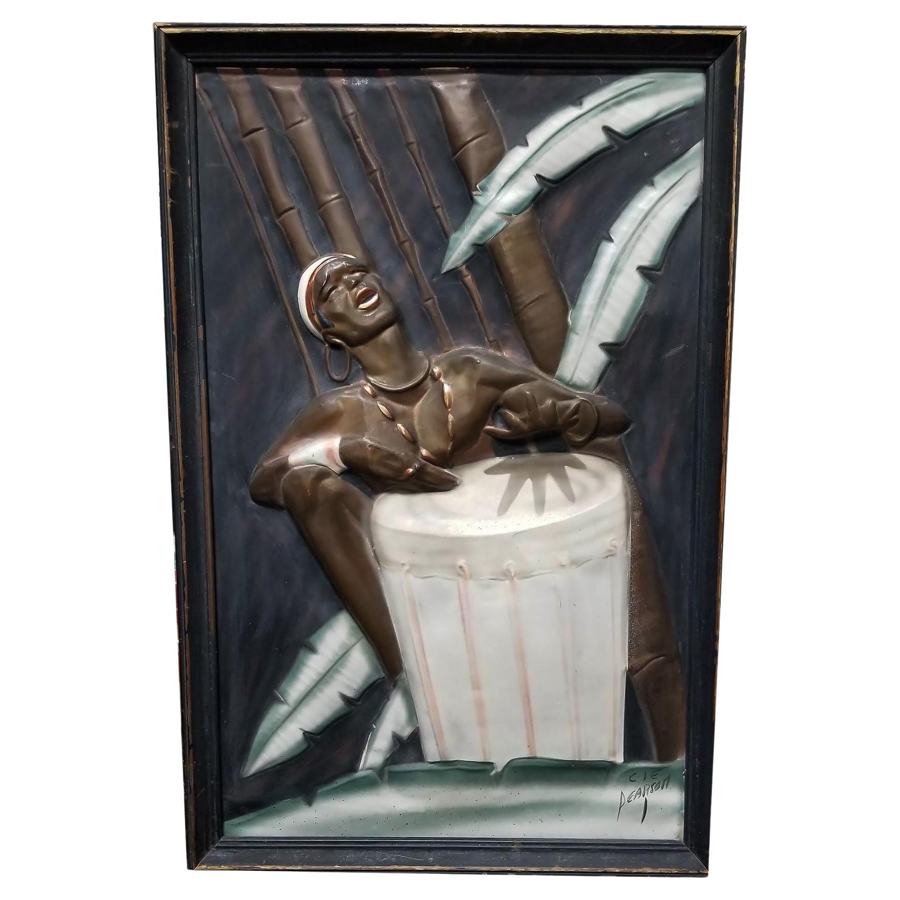 Mid Century Cooper Embossed Bongo Player Wood Framed by C.I.E. Pearson For Sale