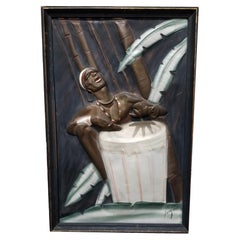 Mid Century Cooper Embossed Bongo Player Wood Framed by C.I.E. Pearson