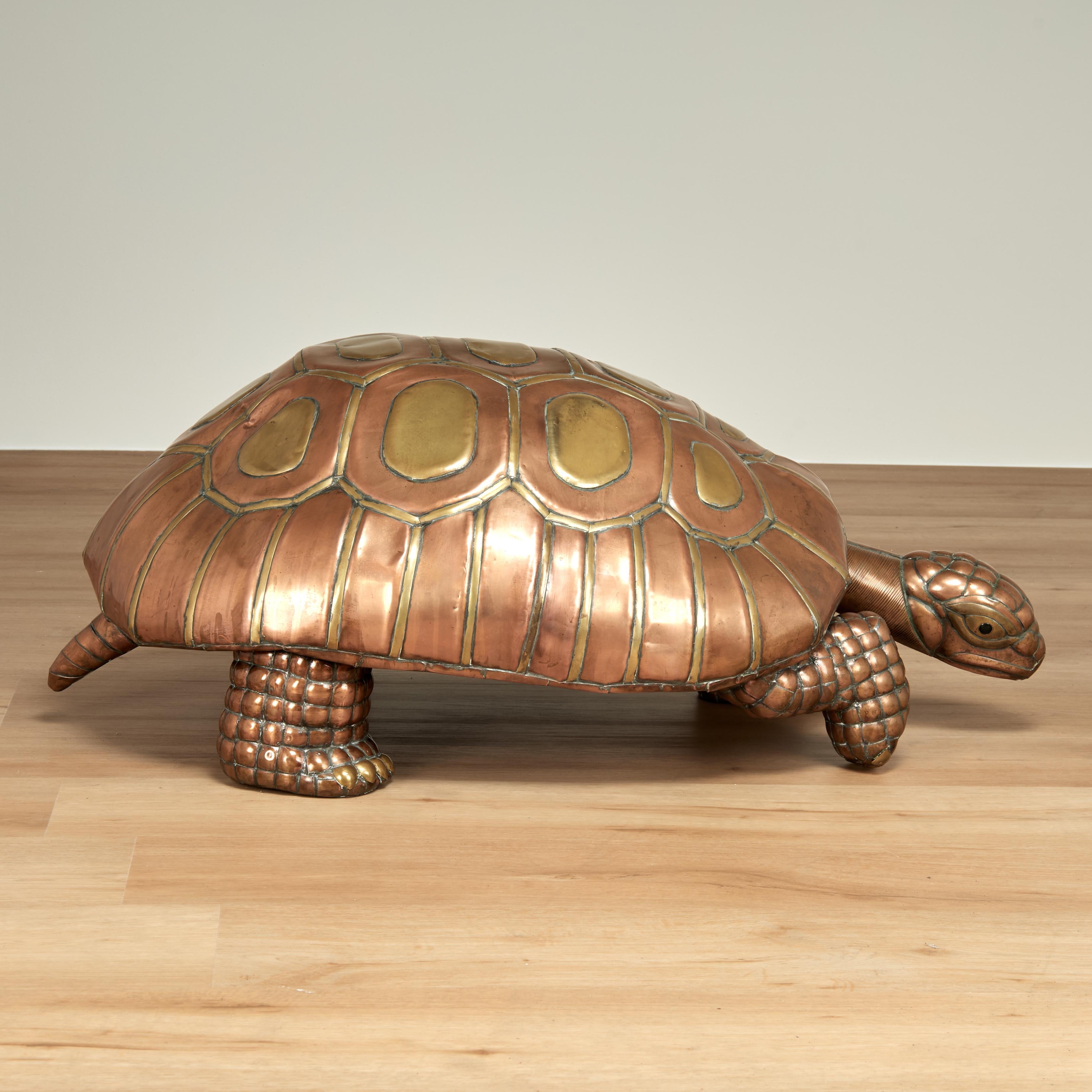 Whimsical life size tortoise or turtle sculpture or object of art handcrafted in brass and copper in a stylized modern form. Attributed to Bustamante.