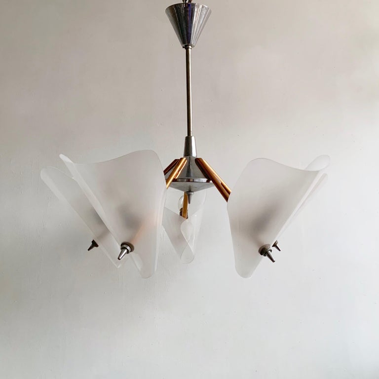 Midcentury Copper And Chrome Uplighter Chandelier With Plastic Frosted Shades