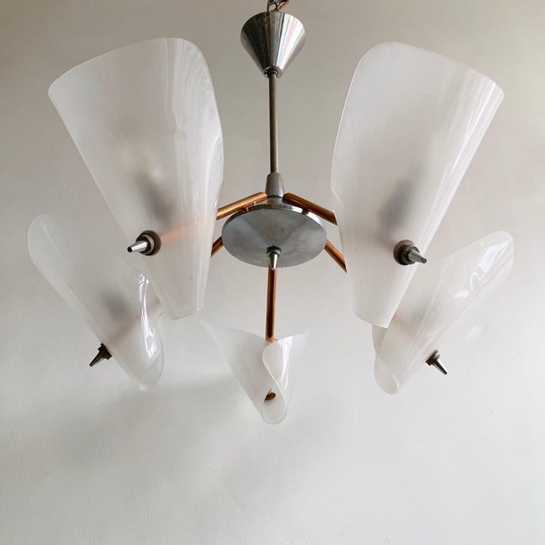 Midcentury Copper and Chrome Uplighter Chandelier with Plastic Frosted