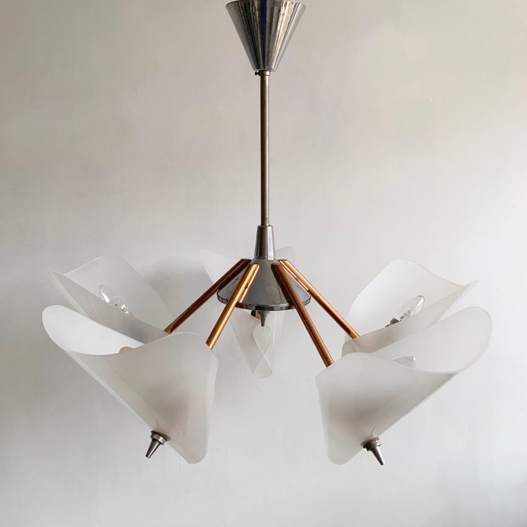 Midcentury Copper and Chrome Uplighter Chandelier with Plastic Frosted